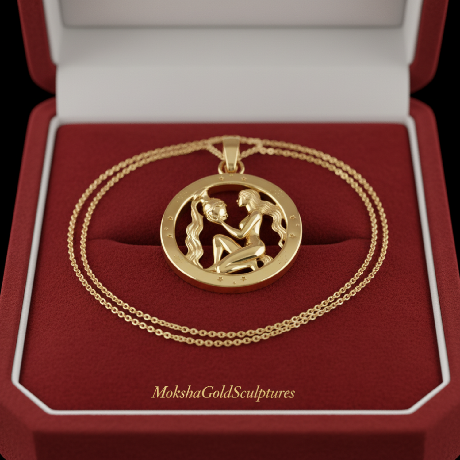 Aquarius Zodiac Pendant in 9K gold, sterling silver, or brass by MokshaGoldSculptures, with two mirrored figures.