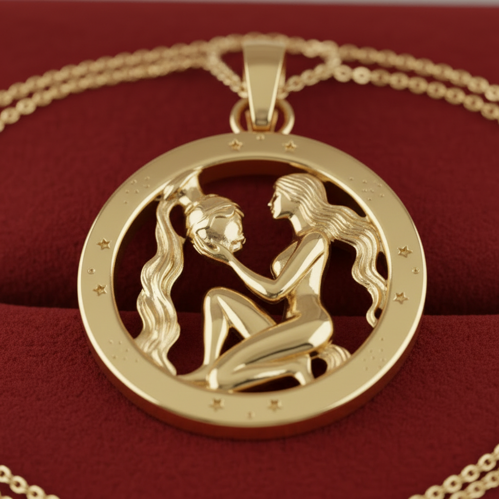 Aquarius Zodiac Pendant in 9K gold, sterling silver, or brass by MokshaGoldSculptures on red fabric background.