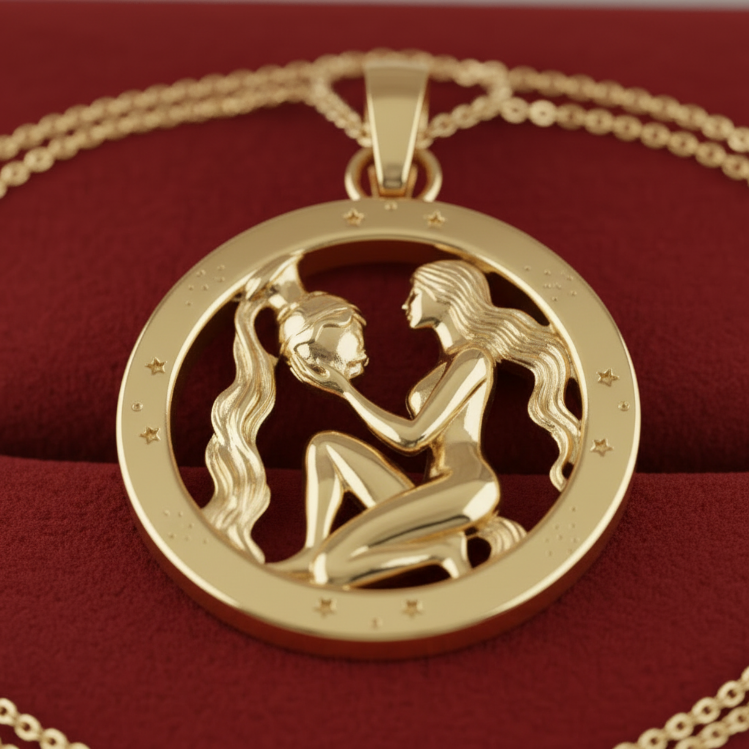 Aquarius Zodiac Pendant in 9K gold, sterling silver, or brass by MokshaGoldSculptures on red fabric background.