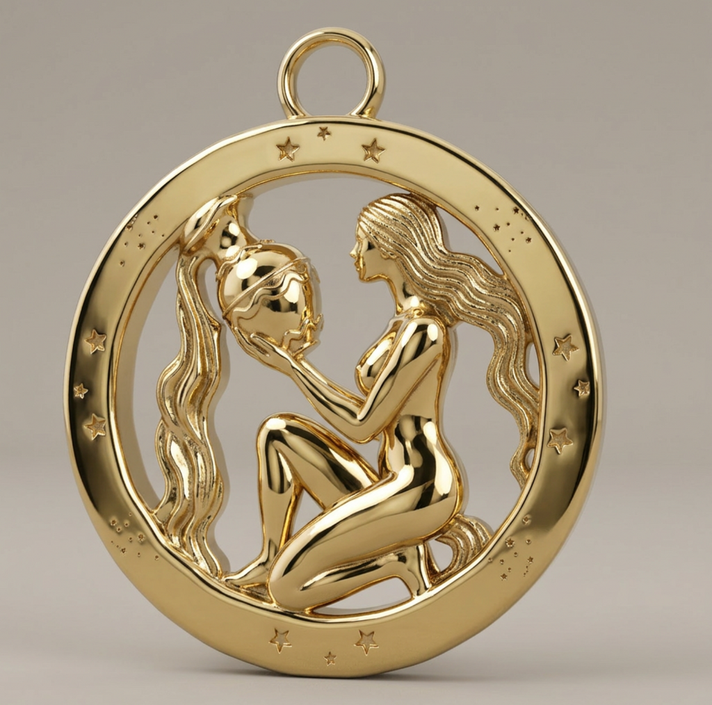 Aquarius Zodiac Pendant in 9K gold, sterling silver, or brass by MokshaGoldSculptures; raised woman with jug and stars.