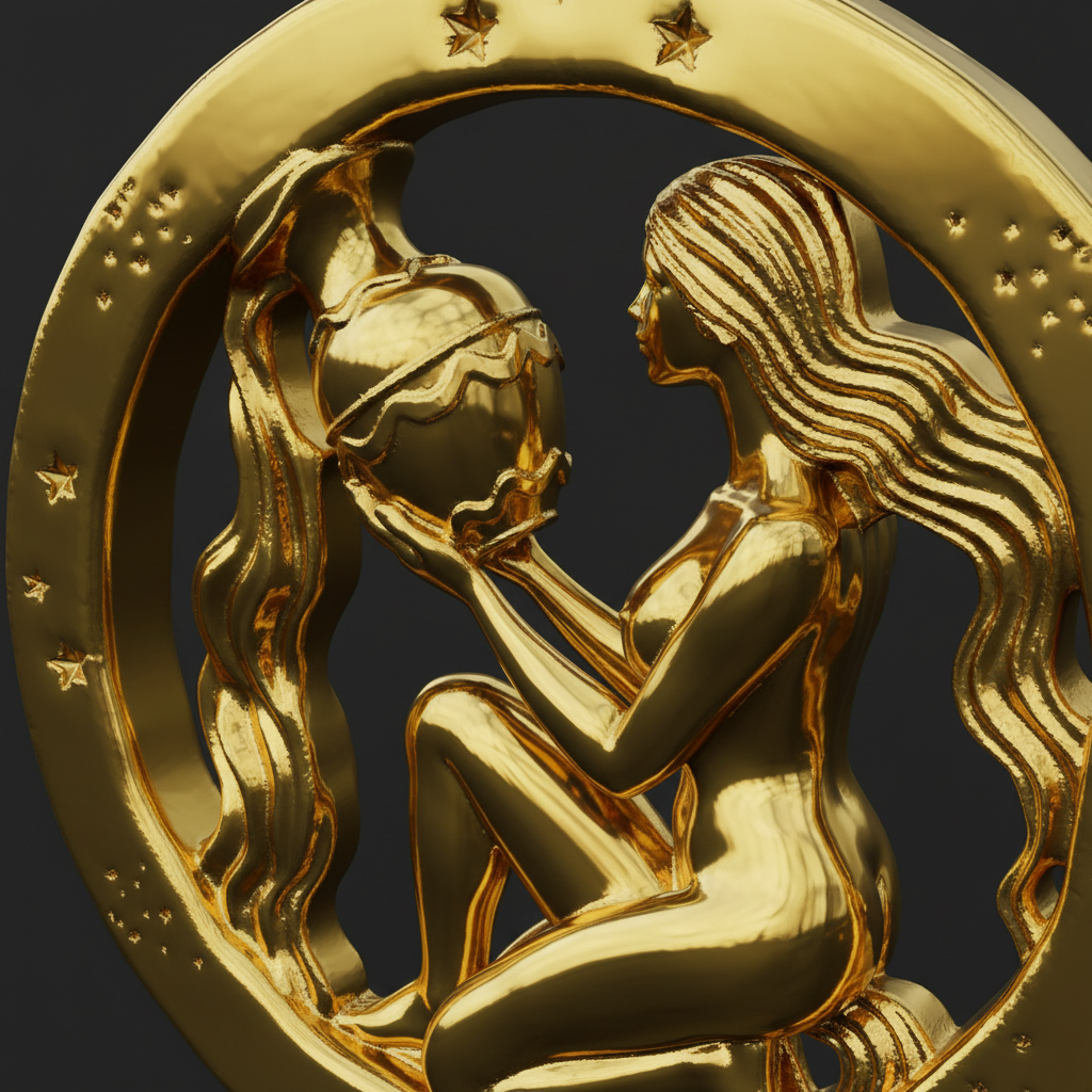 Aquarius Zodiac Pendant in 9K gold, sterling silver & brass by MokshaGoldSculptures, 30mm round frame.