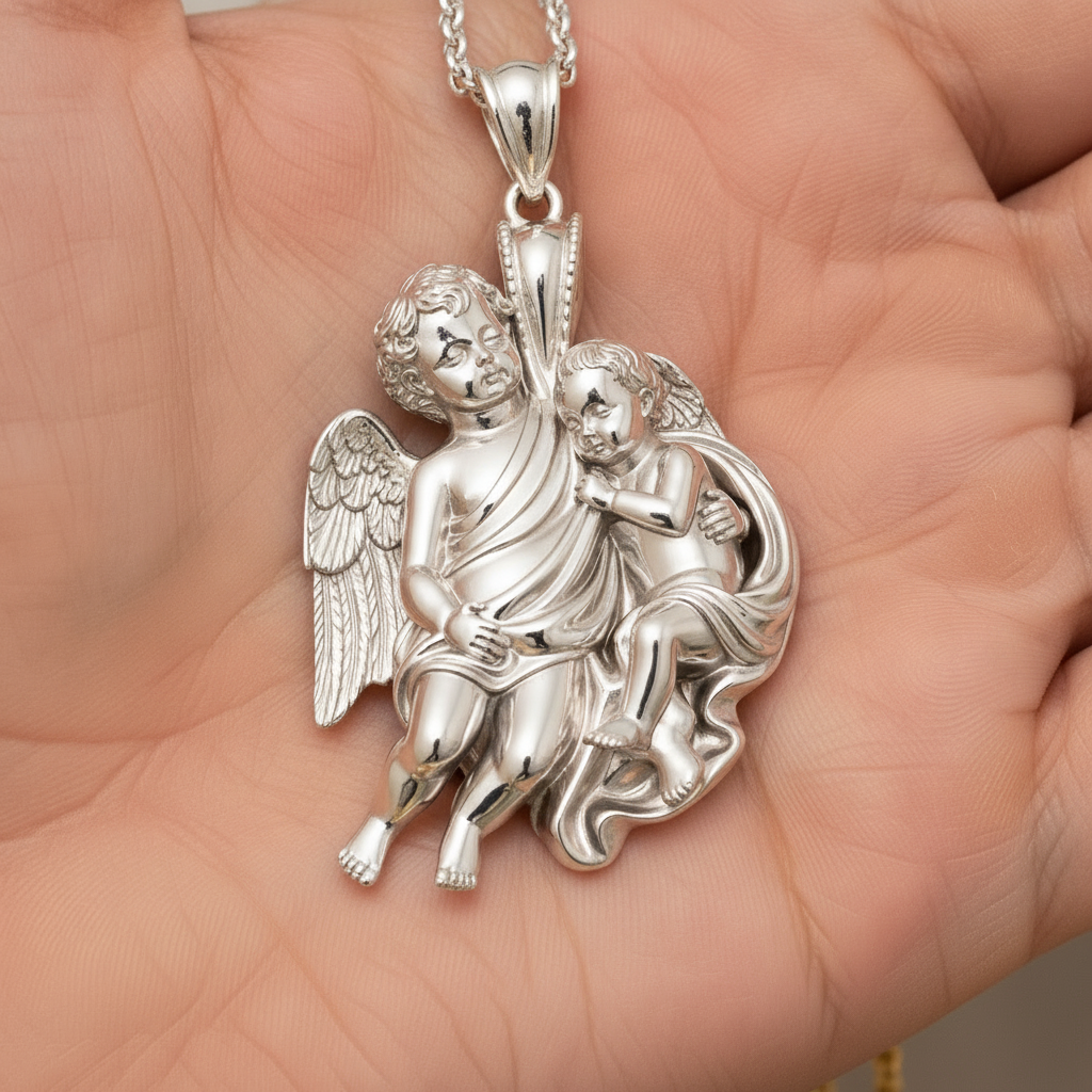 Golden Cherub Duo Pendant Necklace | Guardian Angel Pendant | 9K Gold, Sterling Silver & Yellow Brass | Religious Jewelry | Cherub Gift