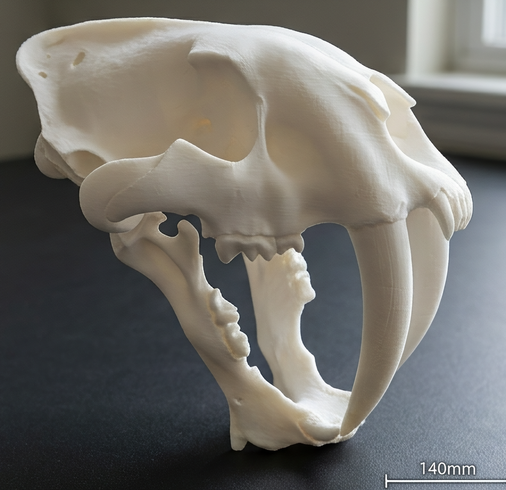 Smilodon Saber Tooth Skull 3D Print | Saber-Toothed Cat Fossil Replica | Desk Decor Skull Model | Prehistoric Gift | PLA Nylon Resin | 140mm Model
