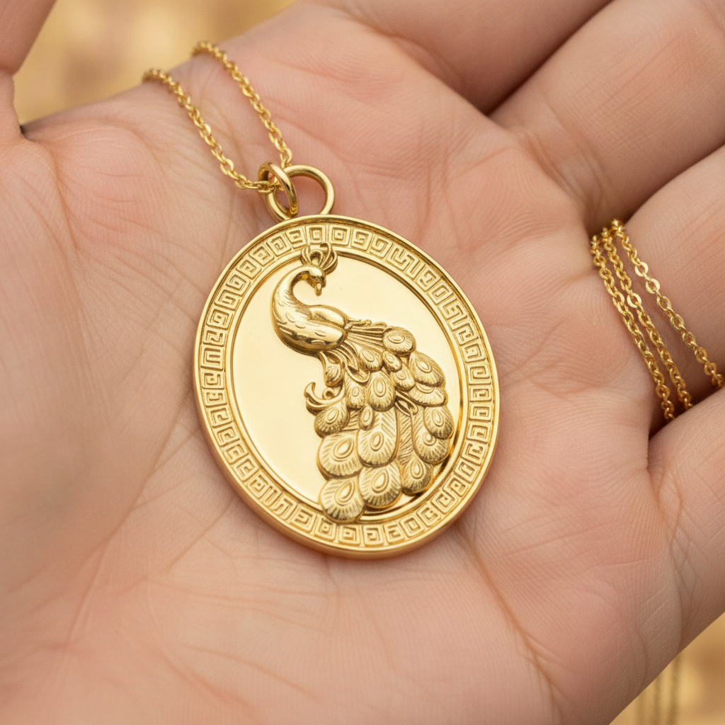 Gothic Peacock Coin Pendant Necklace | 9K Gold, Sterling Silver & Polished Yellow Brass | Art Nouveau Peacock Medallion | Nature Bird Jewelry | Gift for Her