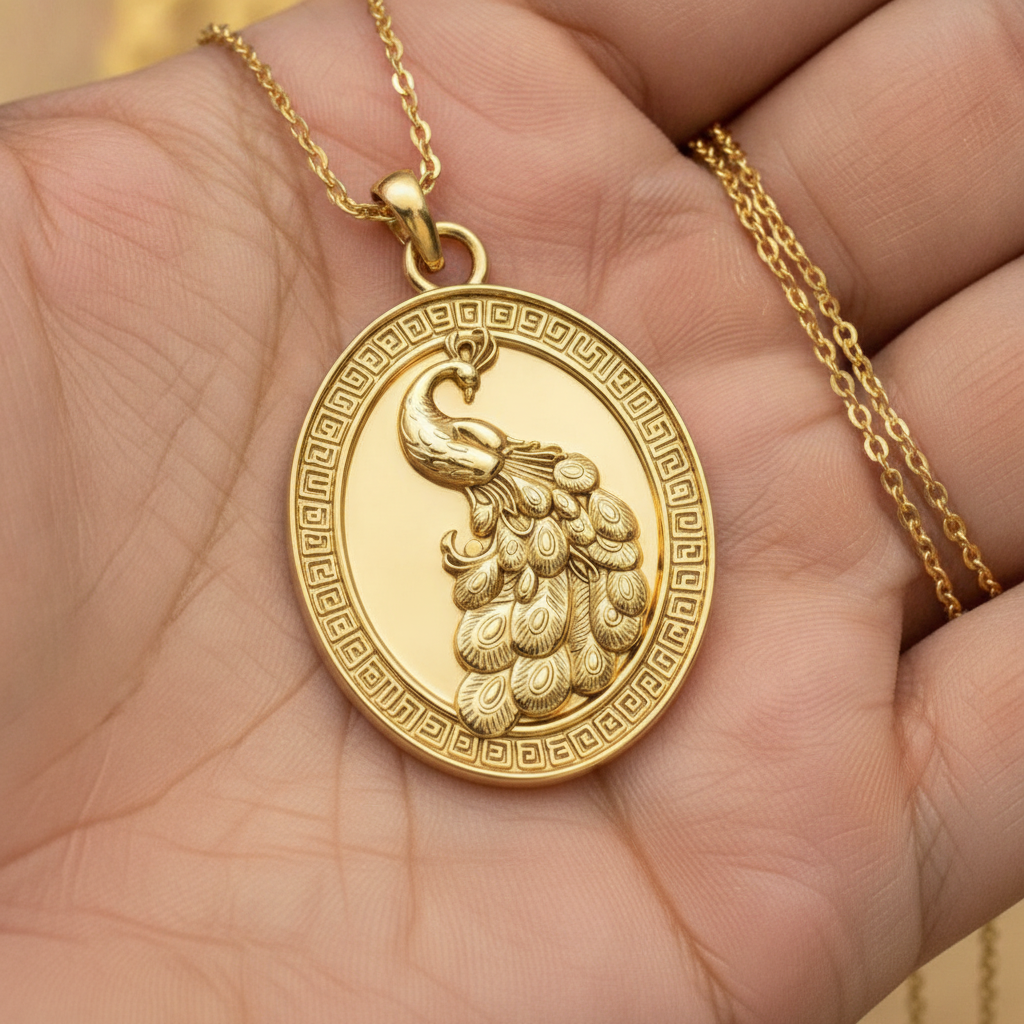 Gothic Peacock Coin Pendant Necklace | 9K Gold, Sterling Silver & Polished Yellow Brass | Art Nouveau Peacock Medallion | Nature Bird Jewelry | Gift for Her