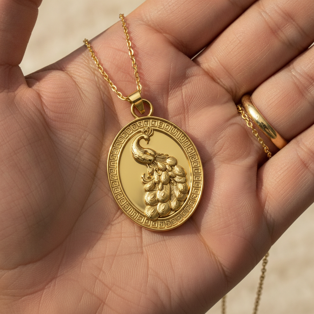 Gothic Peacock Coin Pendant Necklace | 9K Gold, Sterling Silver & Polished Yellow Brass | Art Nouveau Peacock Medallion | Nature Bird Jewelry | Gift for Her