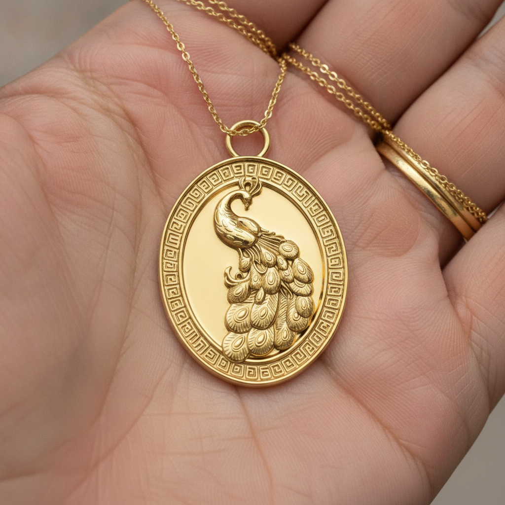 Gothic Peacock Coin Pendant Necklace | 9K Gold, Sterling Silver & Polished Yellow Brass | Art Nouveau Peacock Medallion | Nature Bird Jewelry | Gift for Her