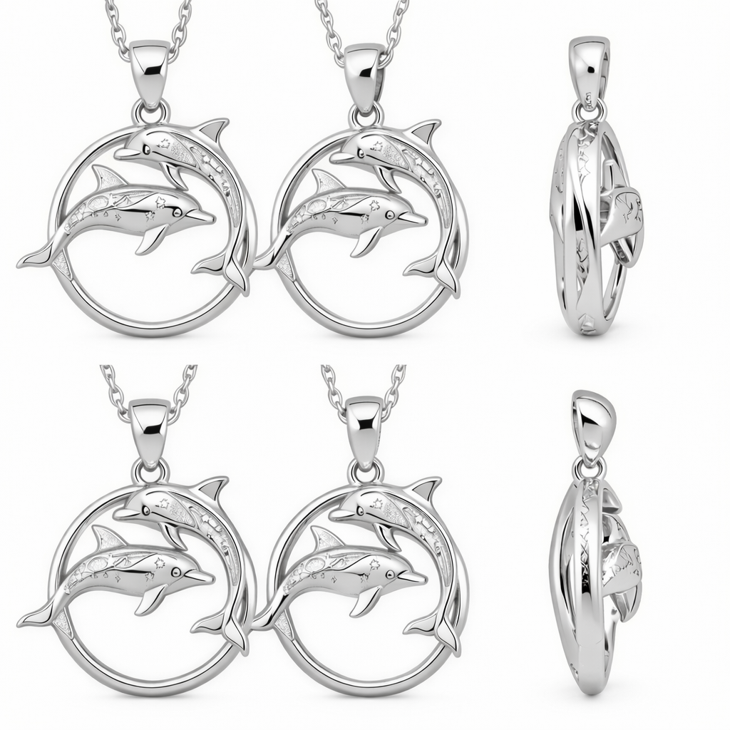 Polished Sterling Silver Dolphin Circle Pendant – Celestial Star Engraved Double Dolphin Necklace Charm – 25x23mm