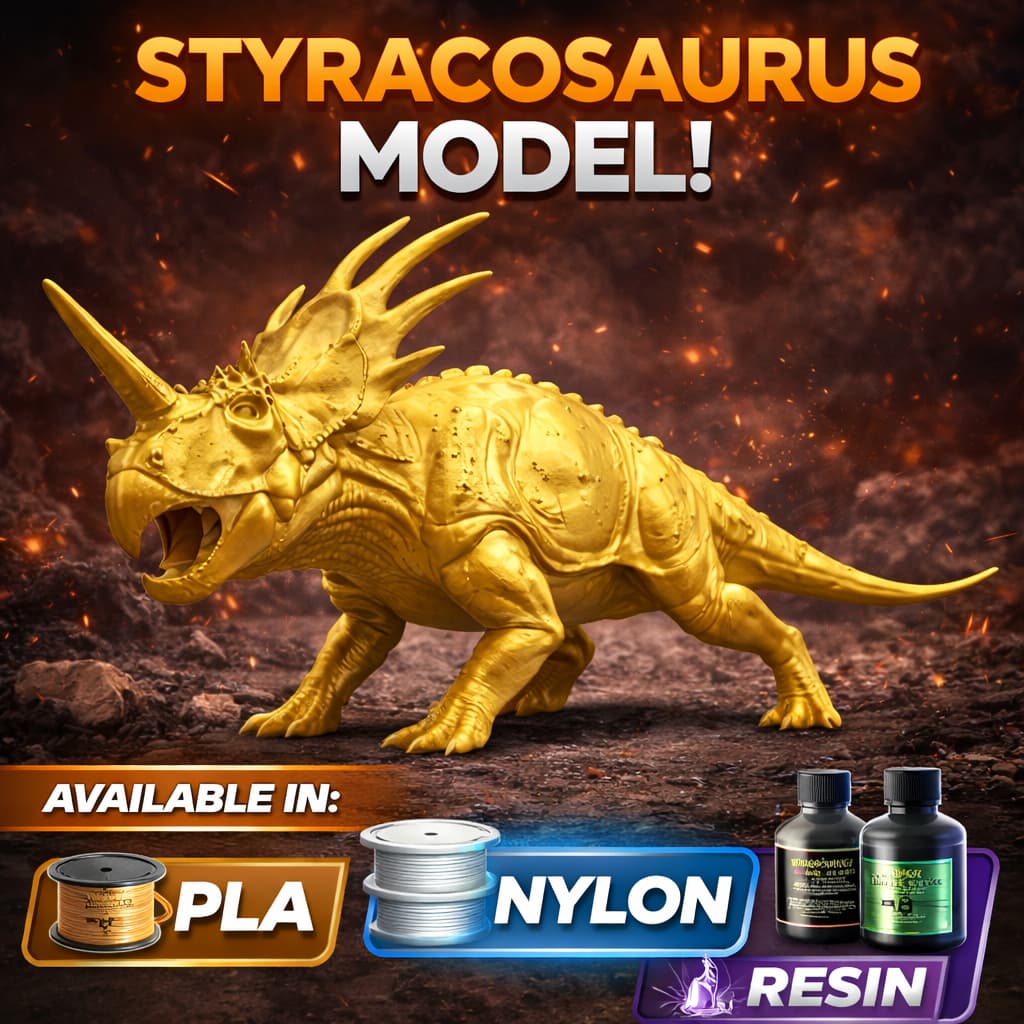 Styracosaurus Dinosaur 3D Print (130mm) – Detailed Horned Dino Model – PLA, Nylon, Resin, TPU Options – Desk Decor Gift
