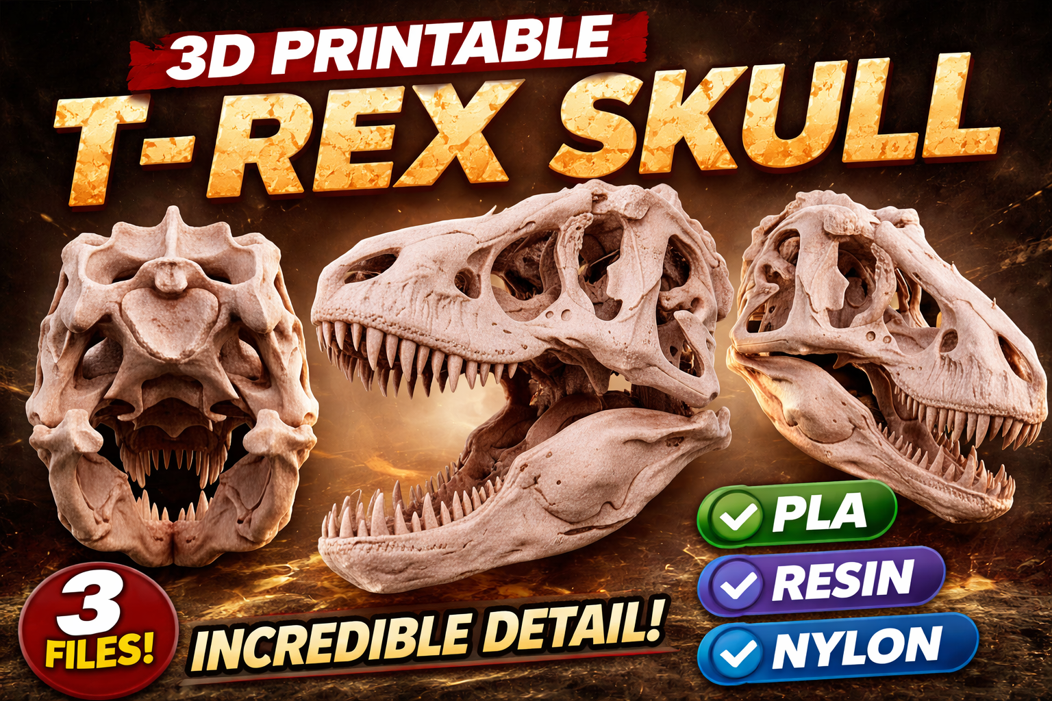 T-Rex Large Replica Skull 3D Print – Tyrannosaurus Rex Model – Highly Detailed Dinosaur Skull – PLA Resin Nylon – Prehistoric Decor Gift