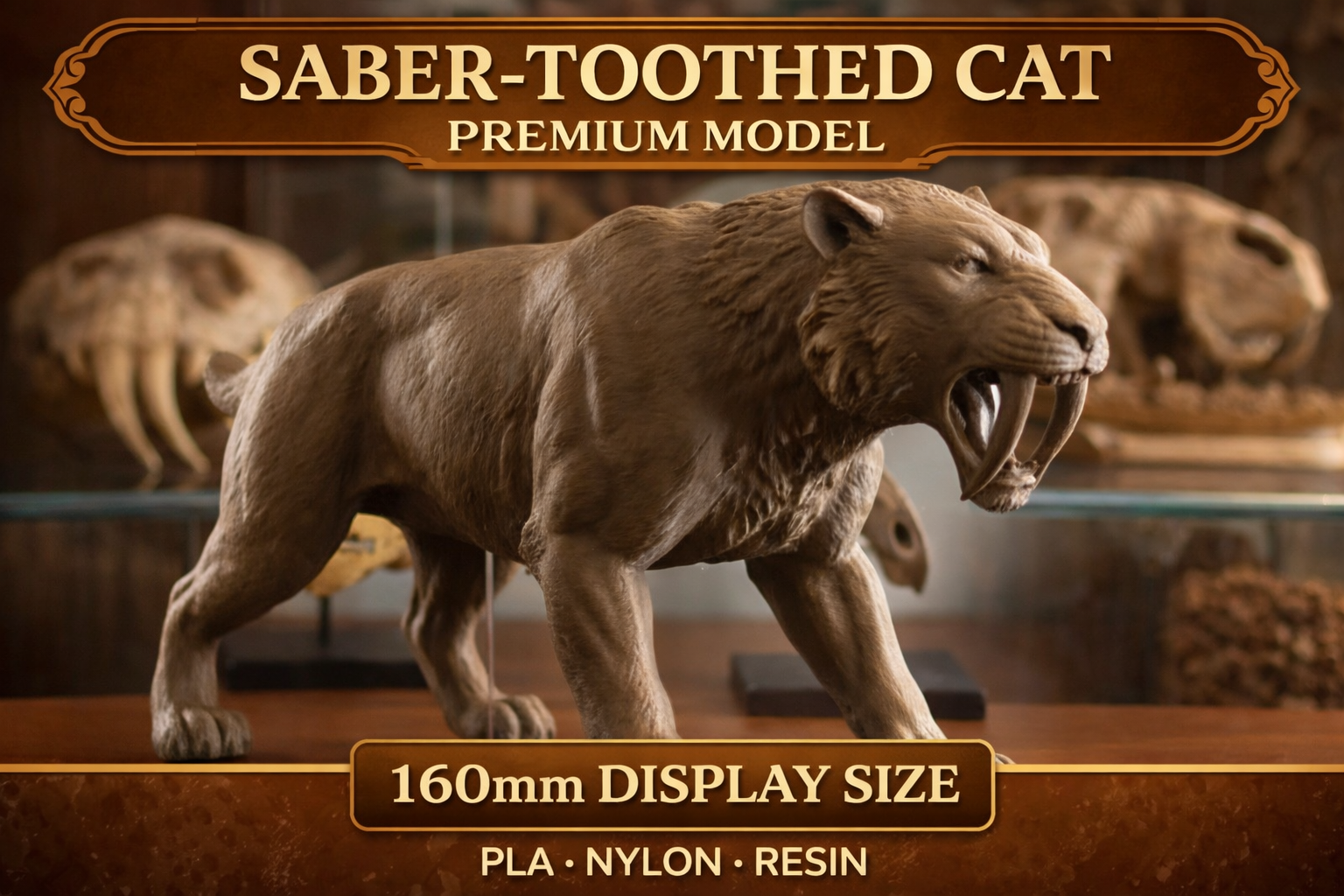 Smilodon Saber-Toothed Cat Model 3D Print | Ice Age Predator Figure | Desk Decor | Prehistoric Animal | PLA Nylon Resin | 160mm