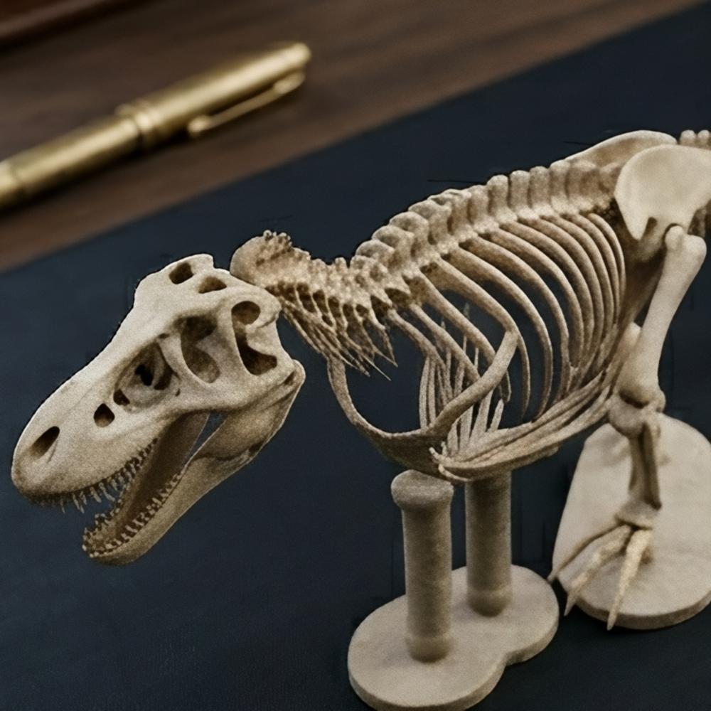 T Rex Skeleton 3D Print with Stand in metallic finish by MokshaGoldSculptures, displayed on desk with gold pen nearby.