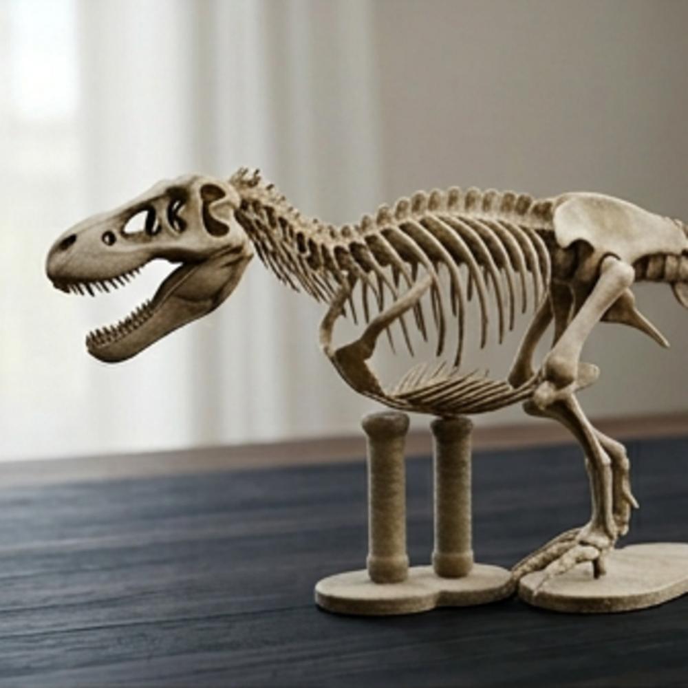 T Rex Skeleton 3D Print with Stand in metallic finish by MokshaGoldSculptures, upright on two vertical supports.