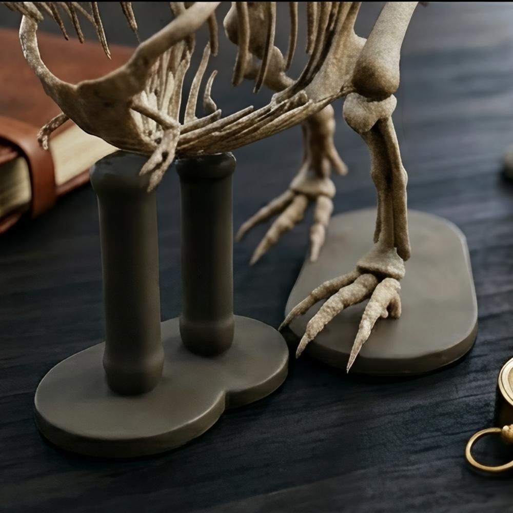T Rex Skeleton 3D Print pendant in gold finish by MokshaGoldSculptures, shown with stand on a dark table.