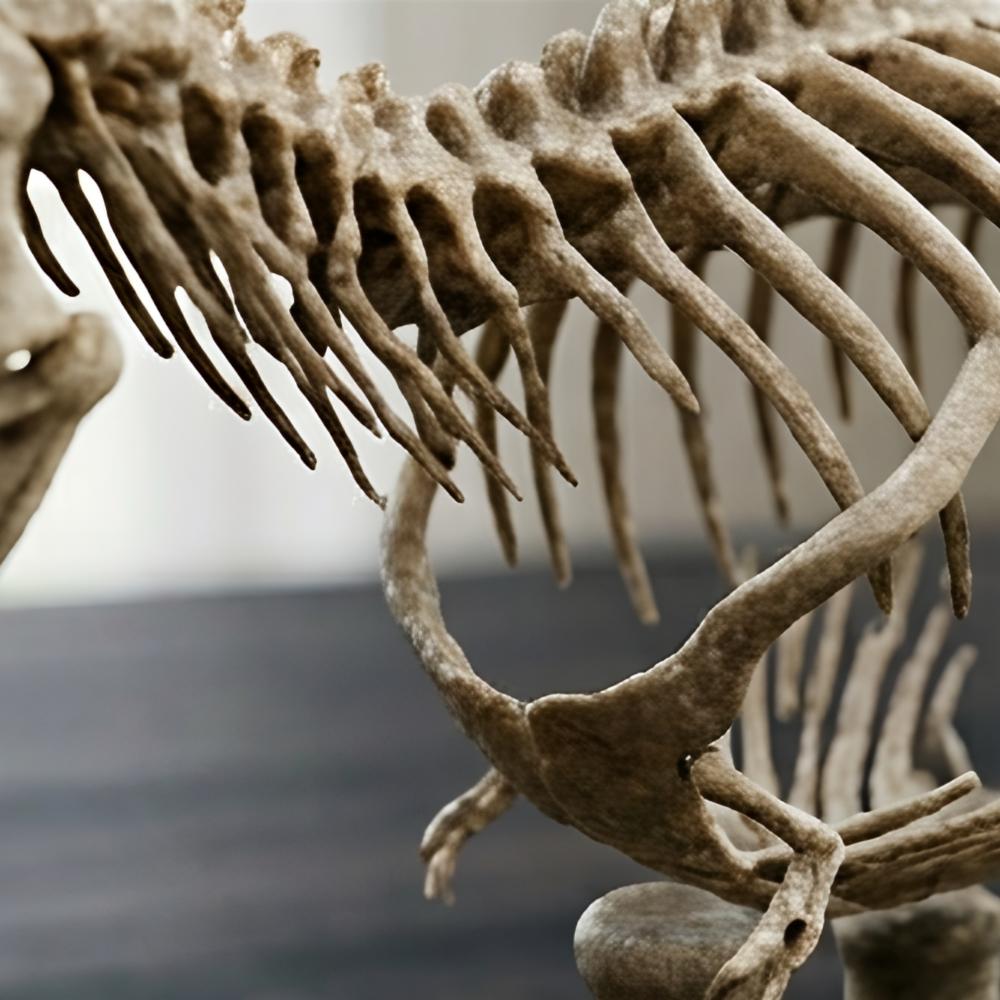 T Rex Skeleton 3D Print with Stand by MokshaGoldSculptures, beige finish highlighting rib cage and spine details.