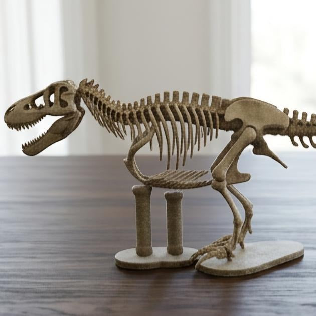 The T Rex Skeleton 3D Print in metallic finish by MokshaGoldSculptures, displayed on a wooden table as desk decor.