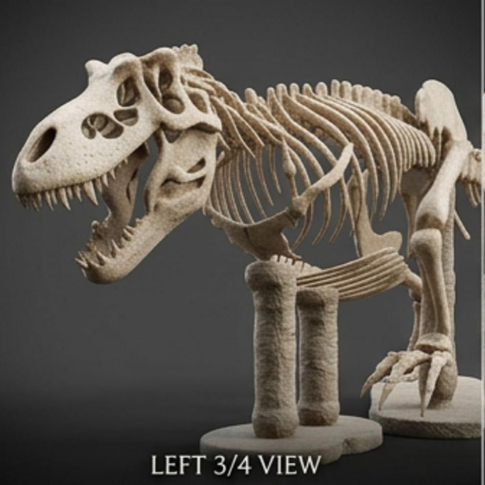 MokshaGoldSculptures T Rex skeleton in gold-tone finish, left 3/4 view, detailed bones on stand.