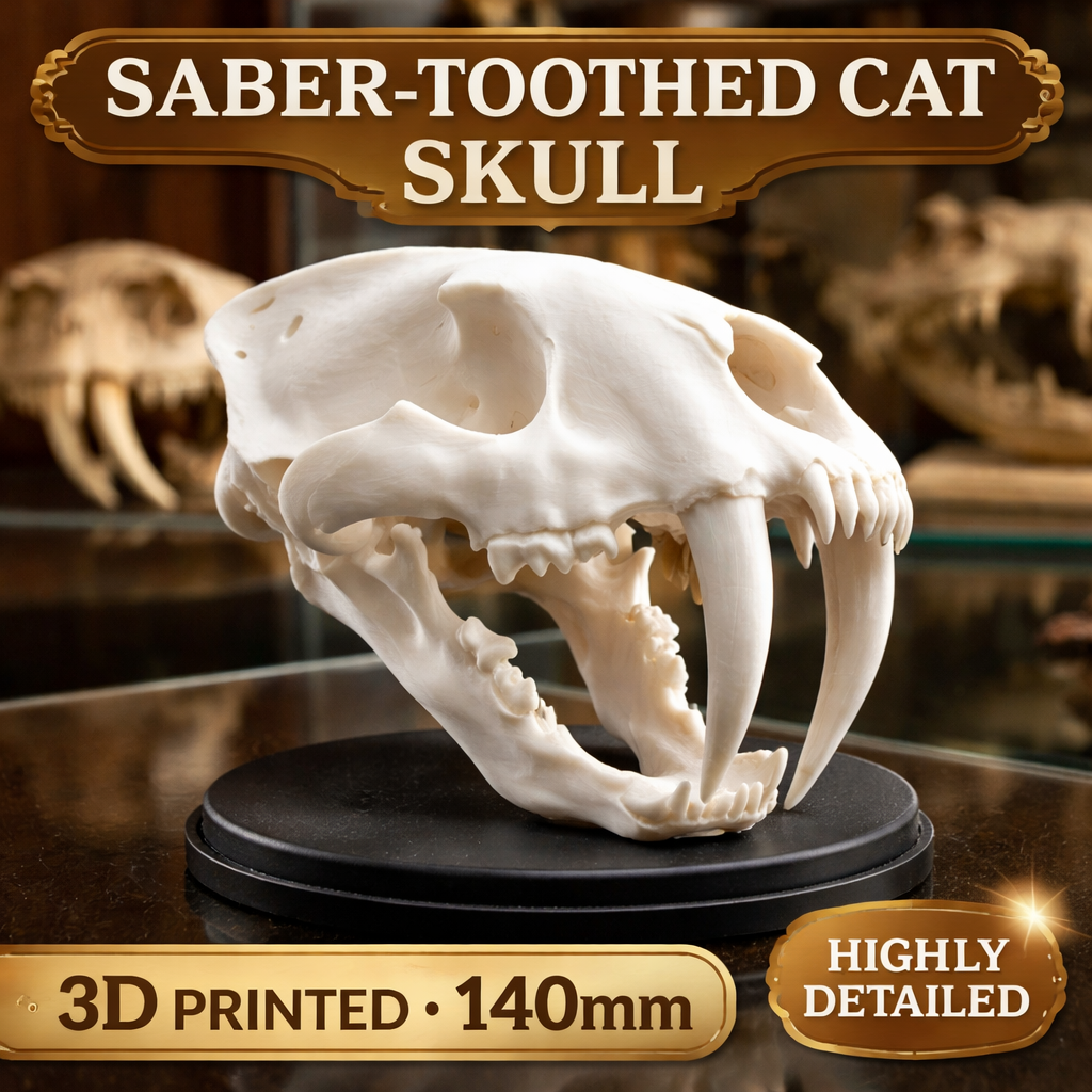 Smilodon Saber Tooth Skull 3D Print | Saber-Toothed Cat Fossil Replica | Desk Decor Skull Model | Prehistoric Gift | PLA Nylon Resin | 140mm Model