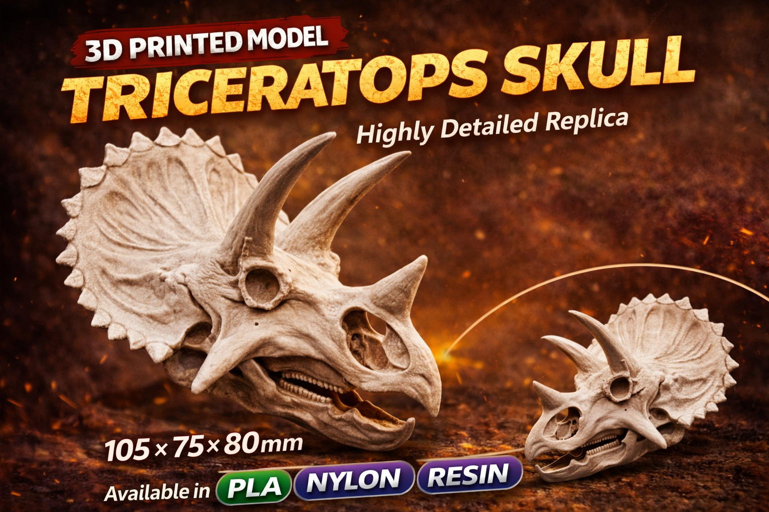 Triceratops Skull Replica 3D Print – Detailed Dinosaur Skull Model | PLA, Nylon & Resin