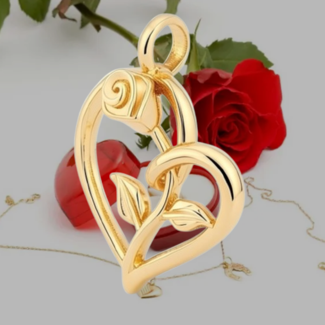 Golden Rose Heart Pendant Necklace – Solid Gold, Silver or Brass – Romantic Floral Love Jewelry