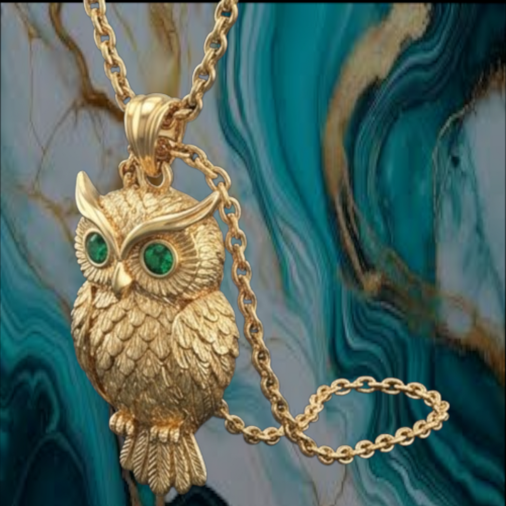 Exotic Owl Pendant with Prominent Eyes – Gold Finish, Available in Sterling Silver – 3D Detailed Design
