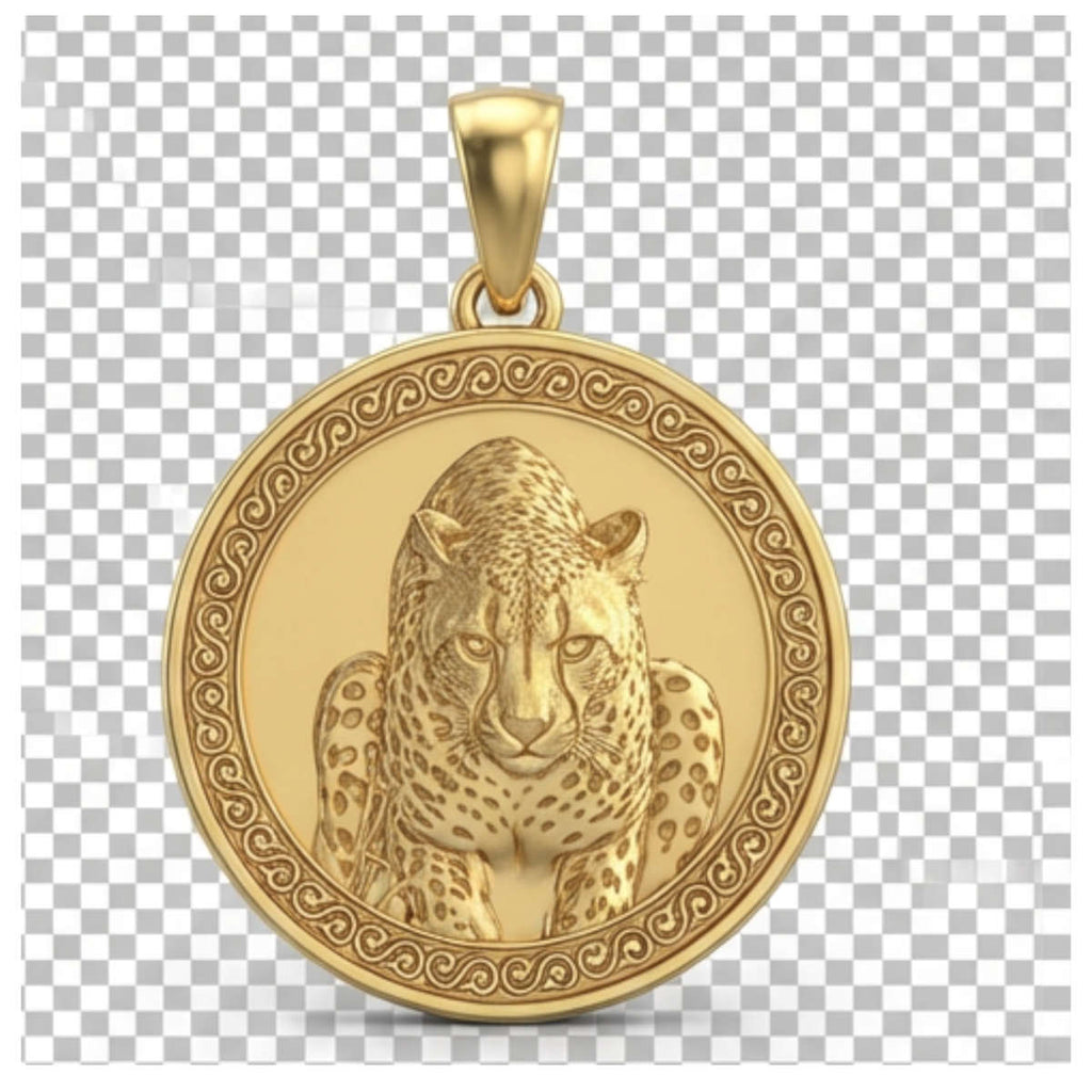Cheetah Pendant Necklace – Gold & Sterling Silver, Predator in Attack Pose, Bold Wildlife Jewelry with Prominent Eyes