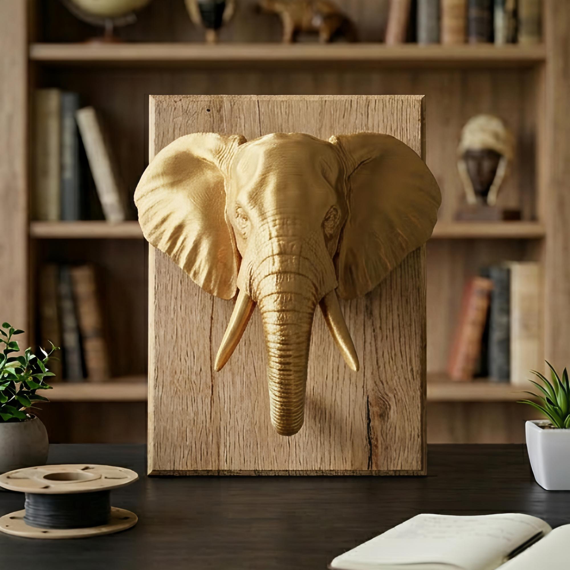 Elephant Wall Mount 3D Print | PLA Gold Sculpture | Wildlife Wall Decor | Large 250mm Statement Piece | Elephant Head Art