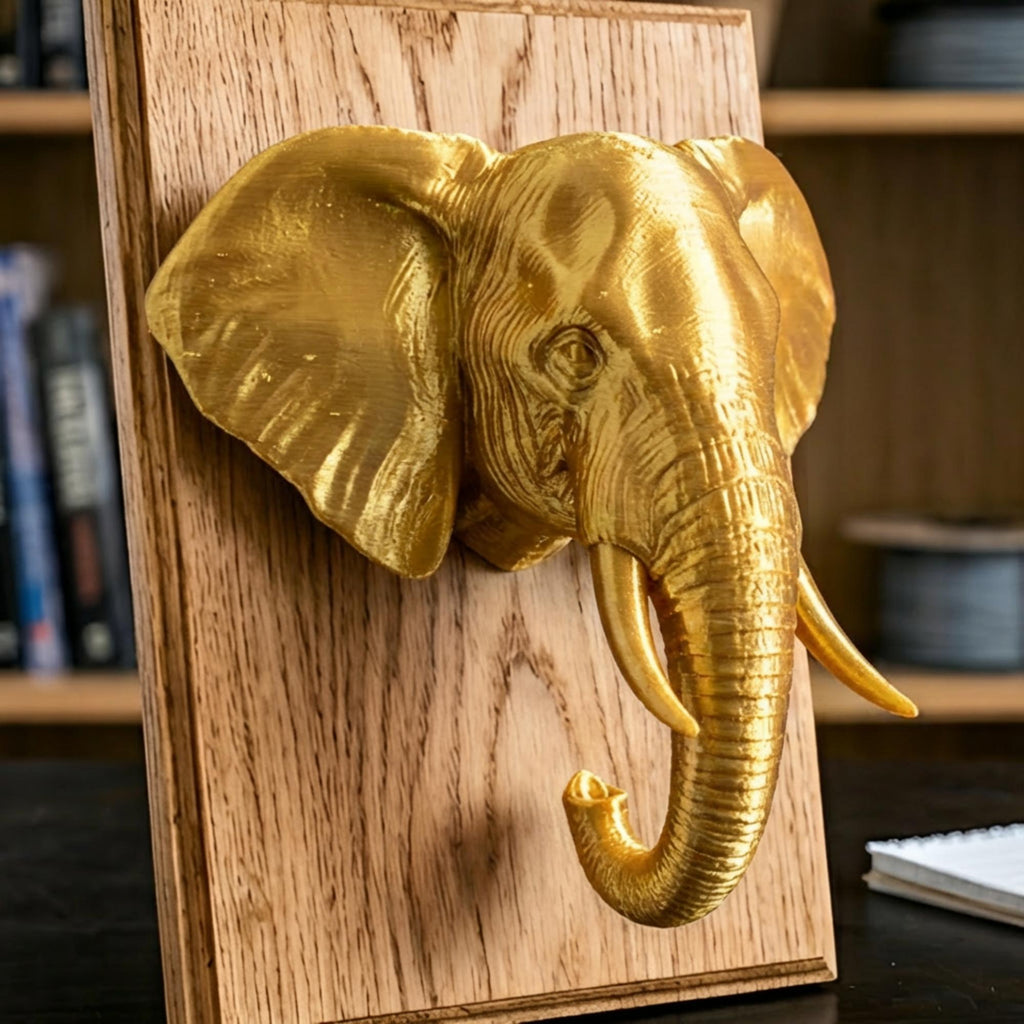 Elephant Wall Mount 3D Print | PLA Gold Sculpture | Wildlife Wall Decor | Large 250mm Statement Piece | Elephant Head Art