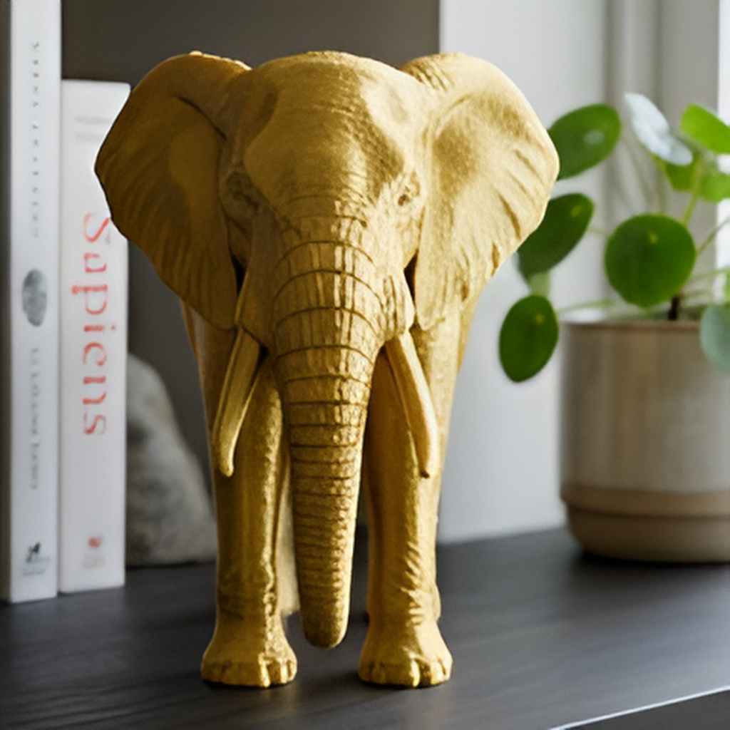 Elephant Sculpture 3D Print | Wildlife Decor Model | Large Display Animal | Gold Grey PLA | 250mm Elephant Figurine Gift