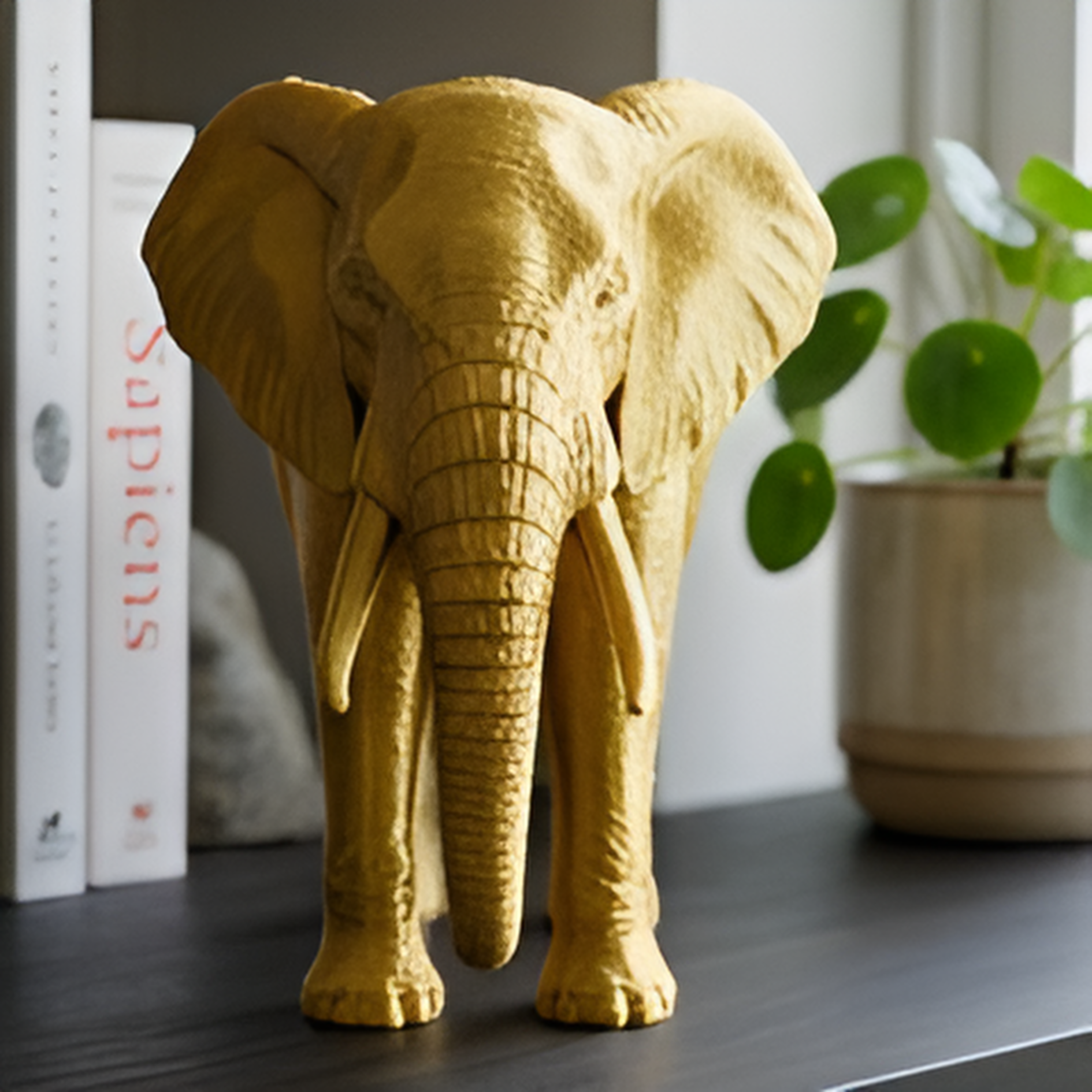 Elephant Sculpture 3D Print | Wildlife Decor Model | Large Display Animal | Gold Grey PLA | 250mm Elephant Figurine Gift