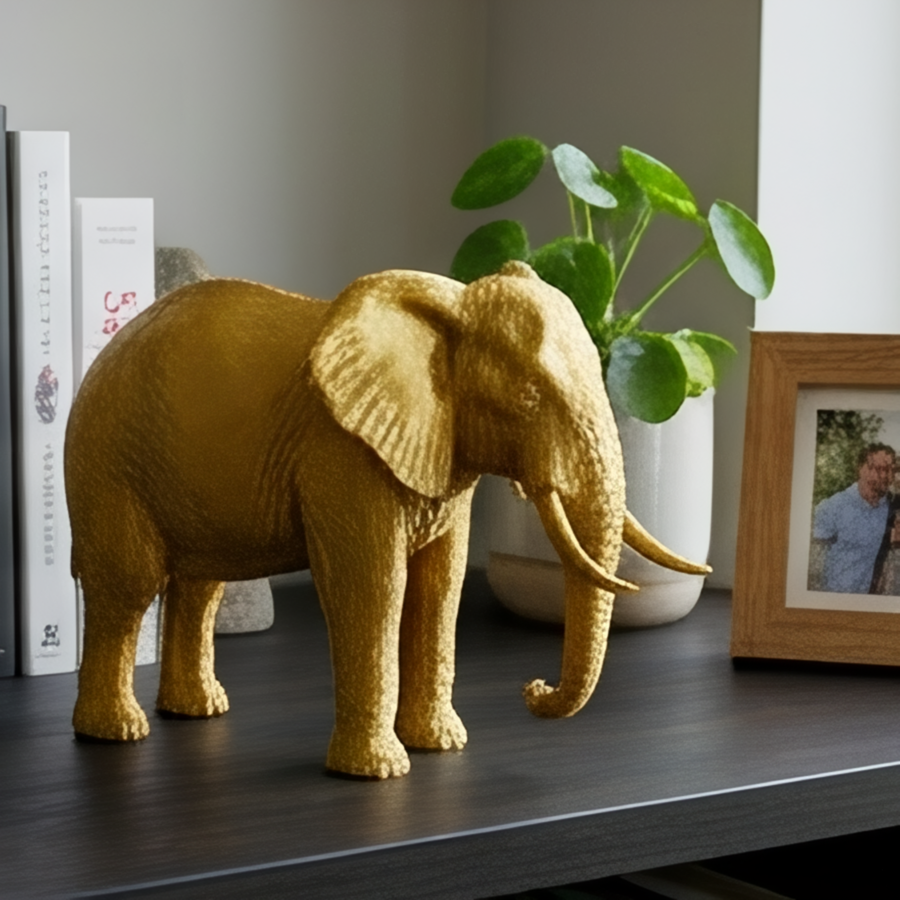 Elephant Sculpture 3D Print | Wildlife Decor Model | Large Display Animal | Gold Grey PLA | 250mm Elephant Figurine Gift