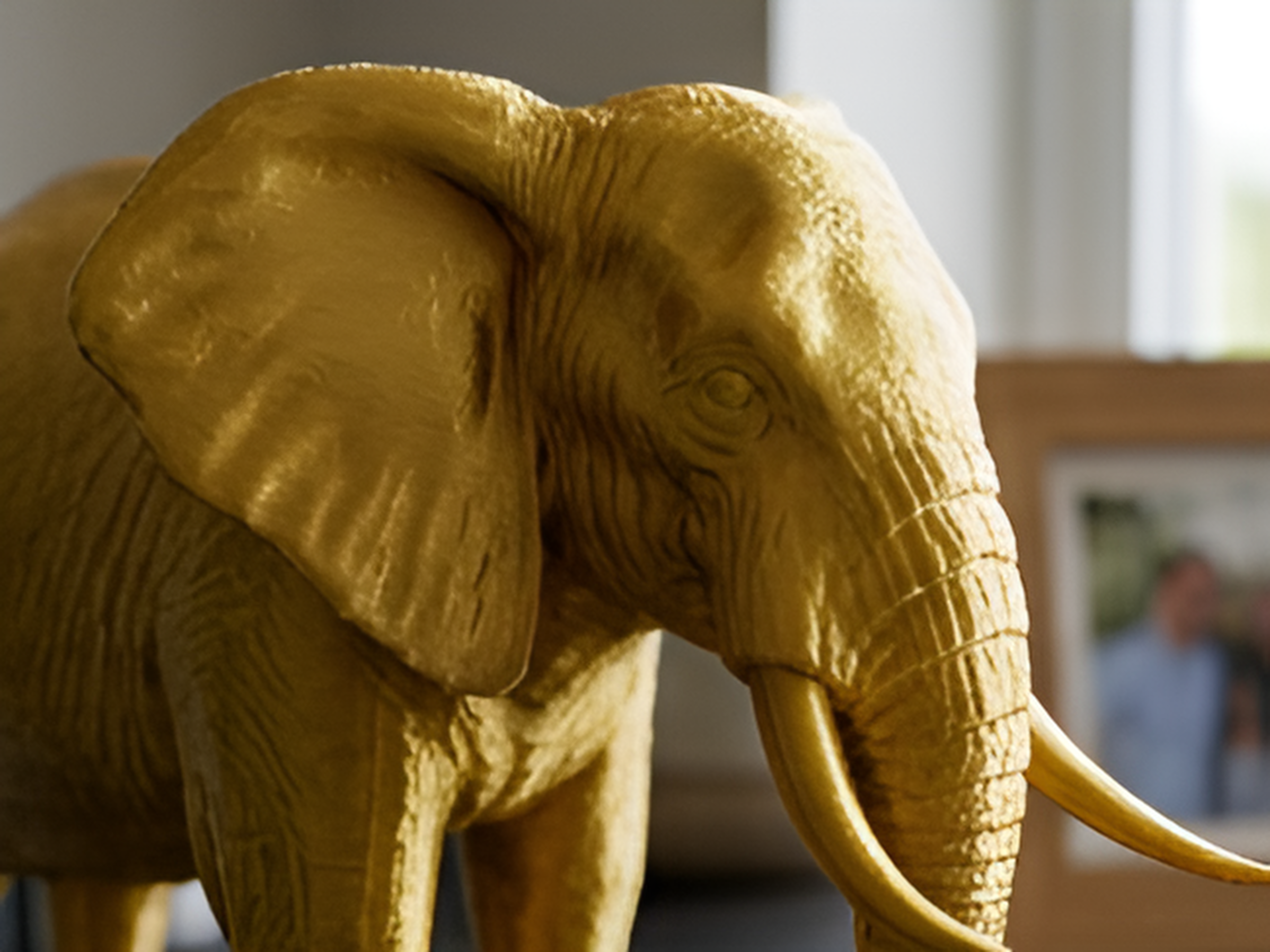 Elephant Sculpture 3D Print | Wildlife Decor Model | Large Display Animal | Gold Grey PLA | 250mm Elephant Figurine Gift