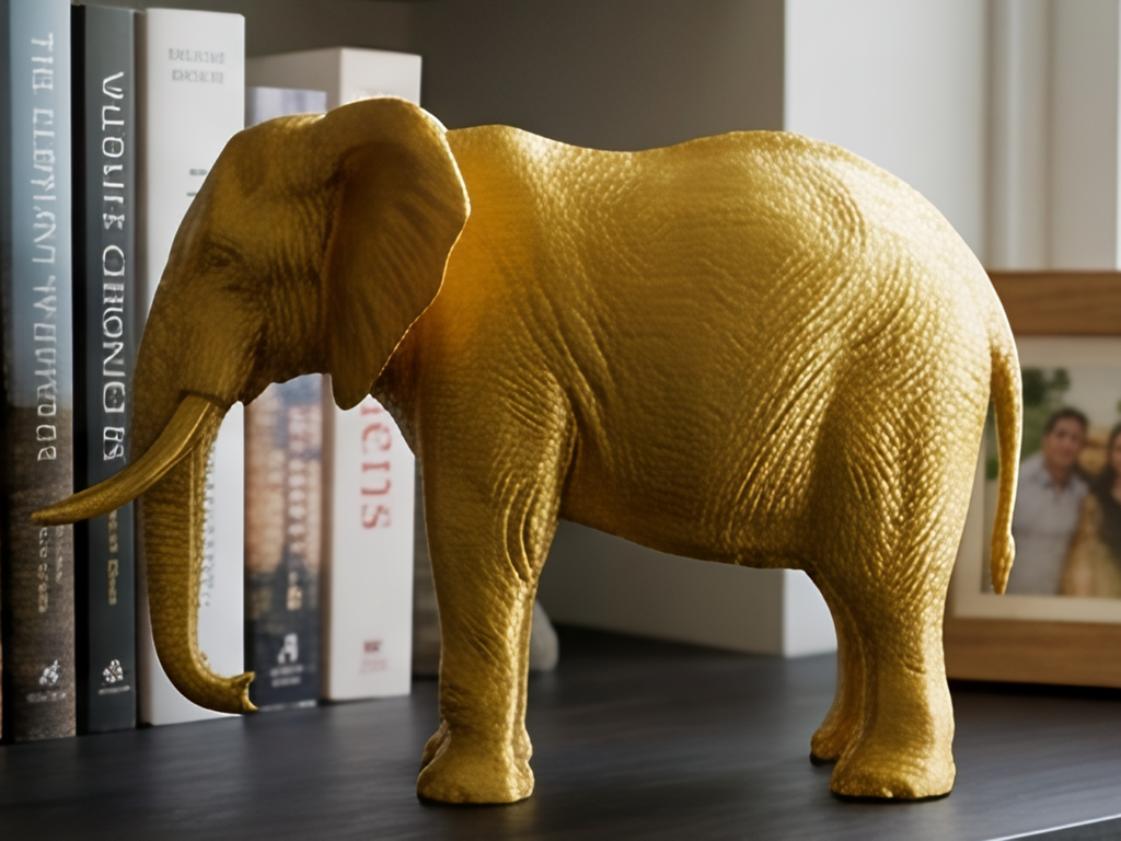 Elephant Sculpture 3D Print | Wildlife Decor Model | Large Display Animal | Gold Grey PLA | 250mm Elephant Figurine Gift
