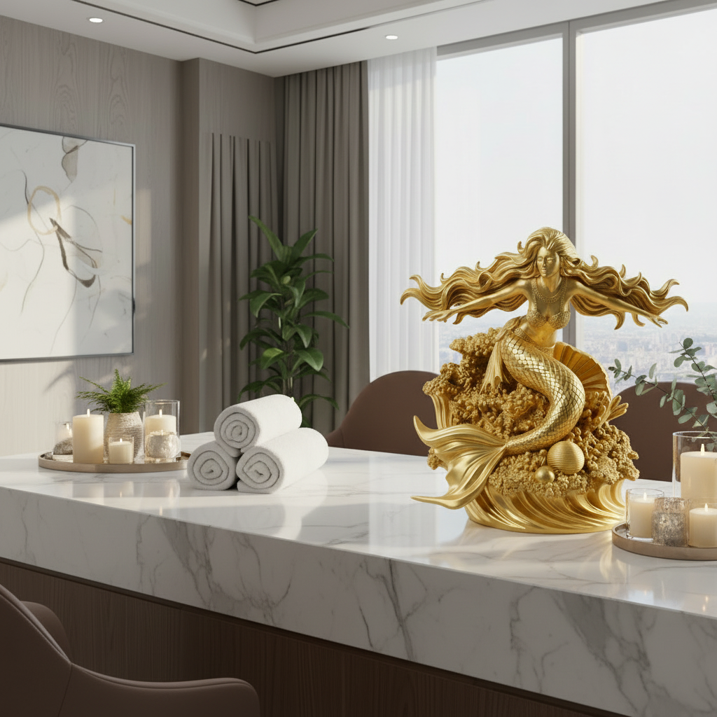 Golden Mermaid Statue 250mm | 3D Printed Mermaid Sculpture | Ocean Fantasy Decor | Coastal Figurine | Desk Display Art | Mythical Sea Goddess Gift
