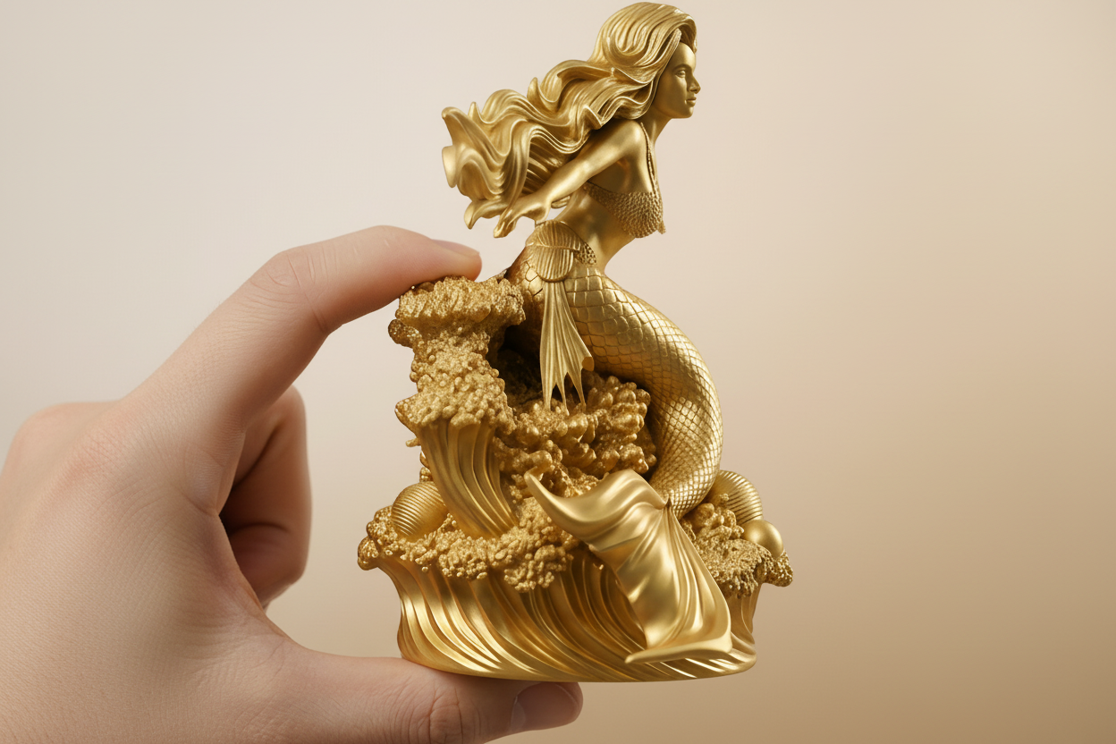 Golden Mermaid Statue 250mm | 3D Printed Mermaid Sculpture | Ocean Fantasy Decor | Coastal Figurine | Desk Display Art | Mythical Sea Goddess Gift
