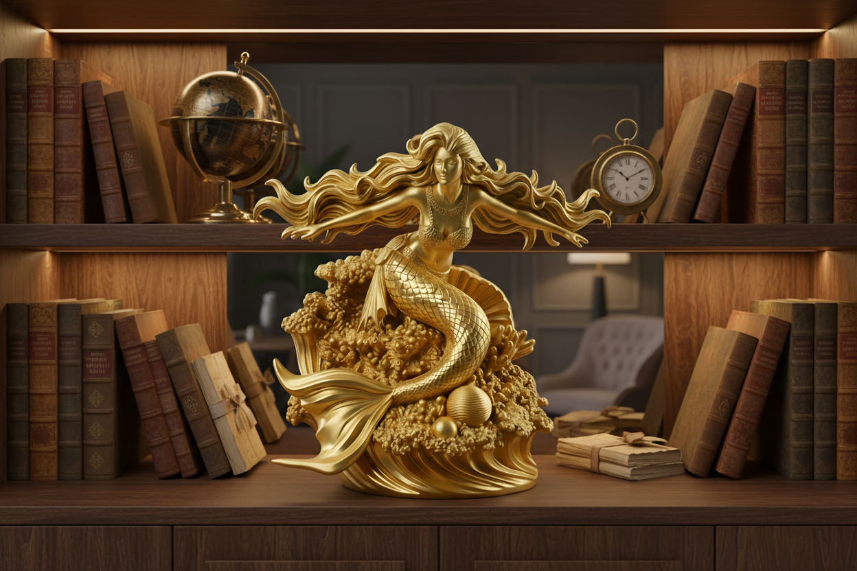Golden Mermaid Statue 250mm | 3D Printed Mermaid Sculpture | Ocean Fantasy Decor | Coastal Figurine | Desk Display Art | Mythical Sea Goddess Gift