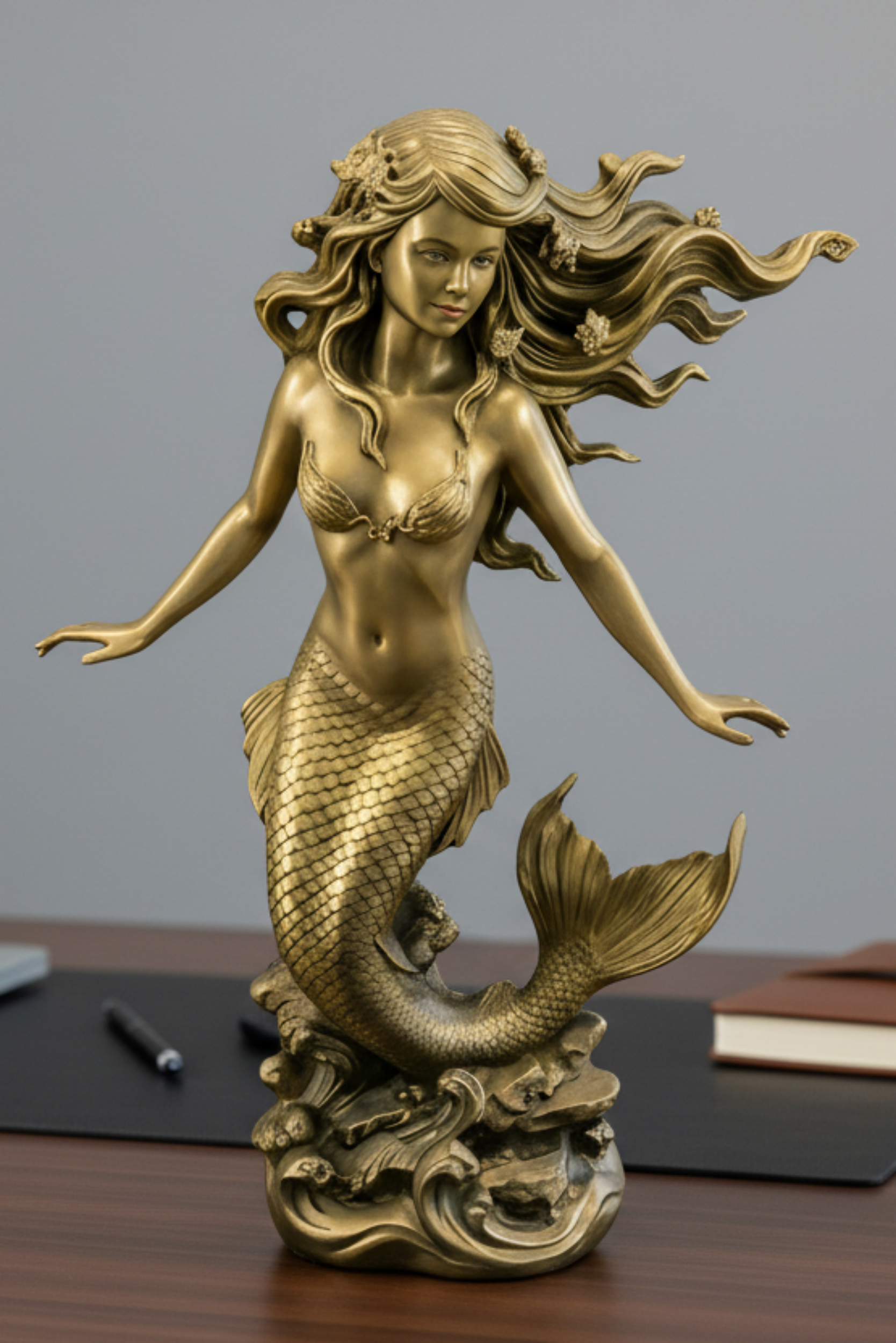 The Golden Mermaid Statue 150mm in gold finish by MokshaGoldSculptures, elegant desk decor accessory.