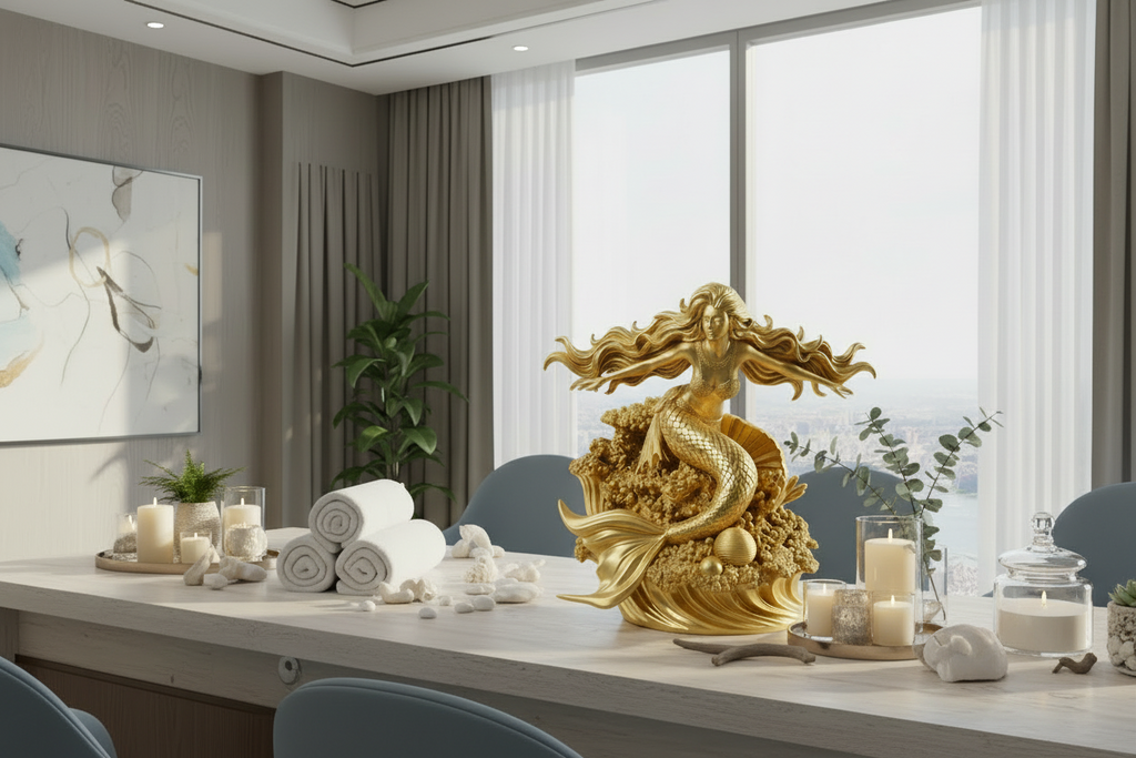 Golden Mermaid Statue 250mm | 3D Printed Mermaid Sculpture | Ocean Fantasy Decor | Coastal Figurine | Desk Display Art | Mythical Sea Goddess Gift
