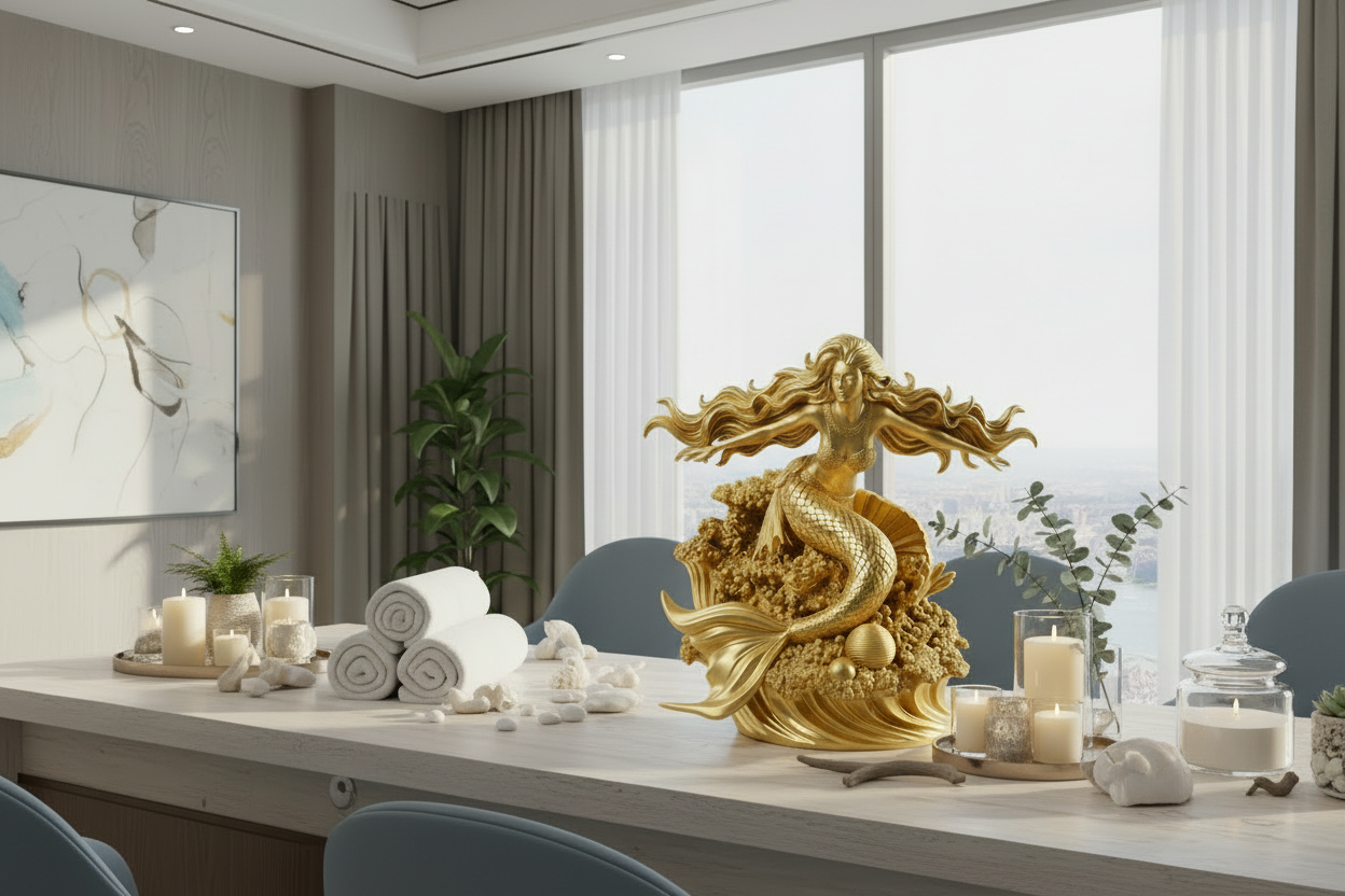 Golden Mermaid Statue 250mm | 3D Printed Mermaid Sculpture | Ocean Fantasy Decor | Coastal Figurine | Desk Display Art | Mythical Sea Goddess Gift