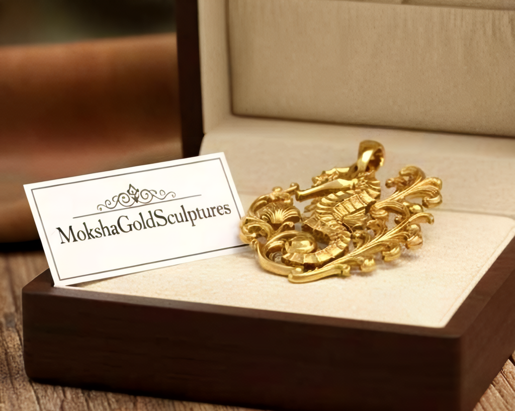 Seahorse Pendant Necklace in gold, silver, and brass finish by MokshaGoldSculptures displayed in an open jewelry box.