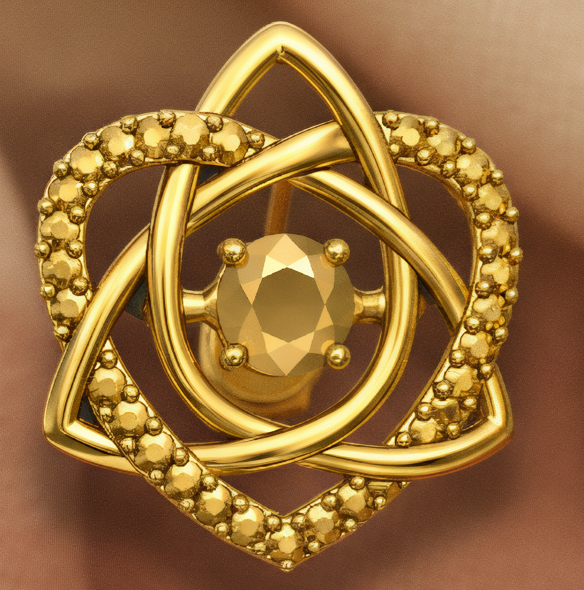 Celtic Trinity Knot Heart Stud Earring in 9K gold by MokshaGoldSculptures, intricate interwoven pattern, worn on ear.