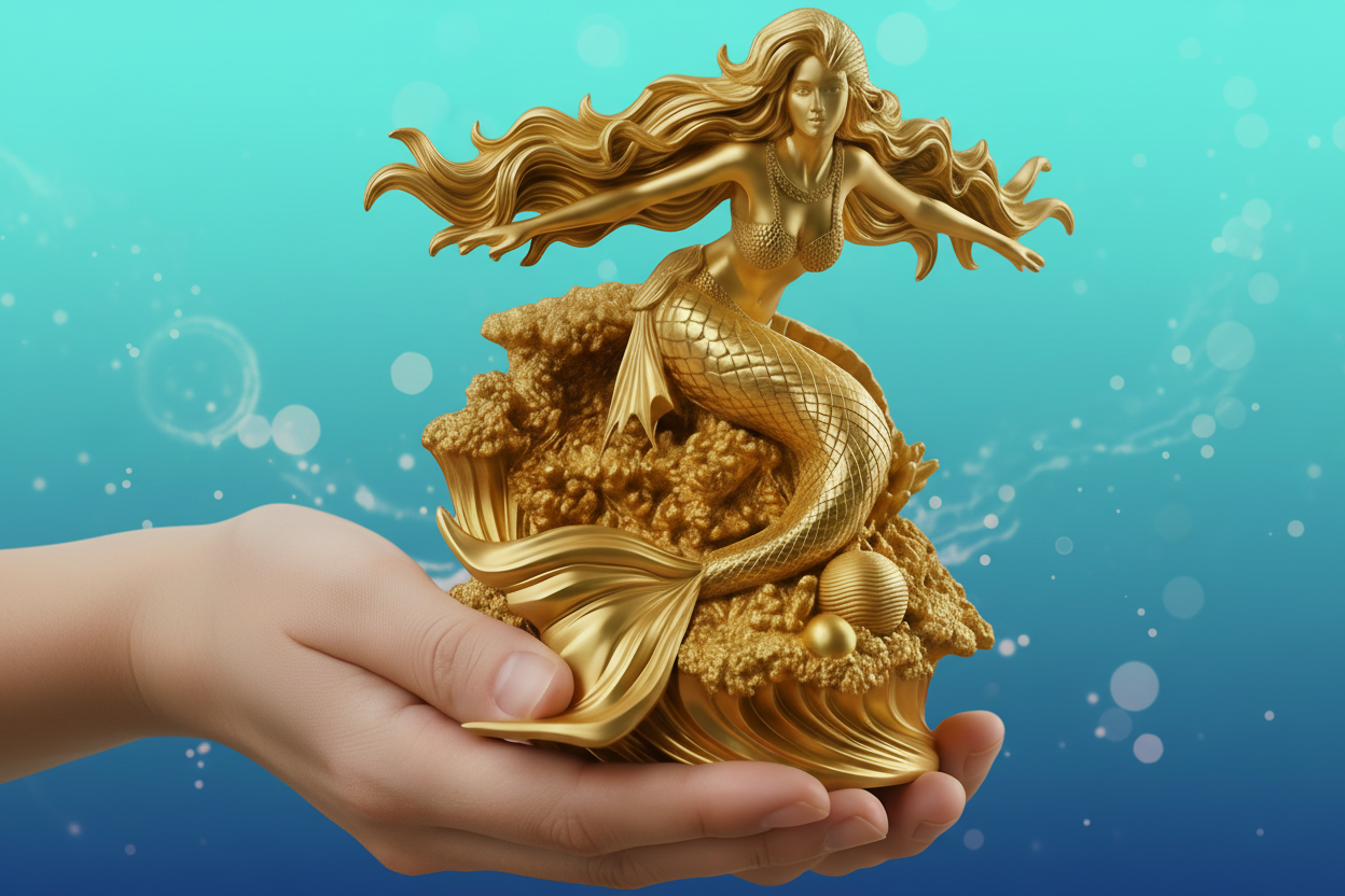Golden Mermaid Statue 250mm | 3D Printed Mermaid Sculpture | Ocean Fantasy Decor | Coastal Figurine | Desk Display Art | Mythical Sea Goddess Gift