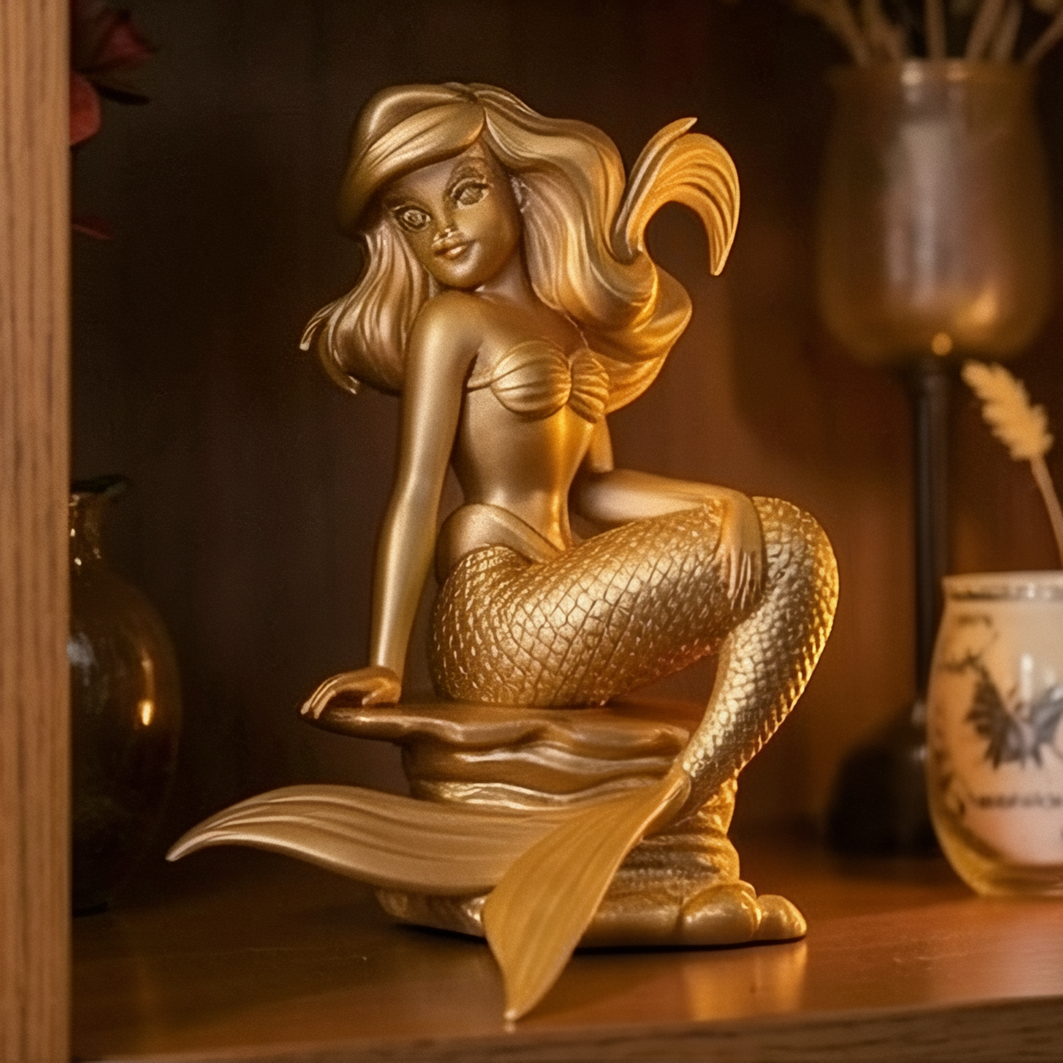 Golden Mermaid Statue 250mm | Large Ocean Decor Figurine | 3D Printed Mermaid Sculpture | Beach House Decor | Fantasy Gift