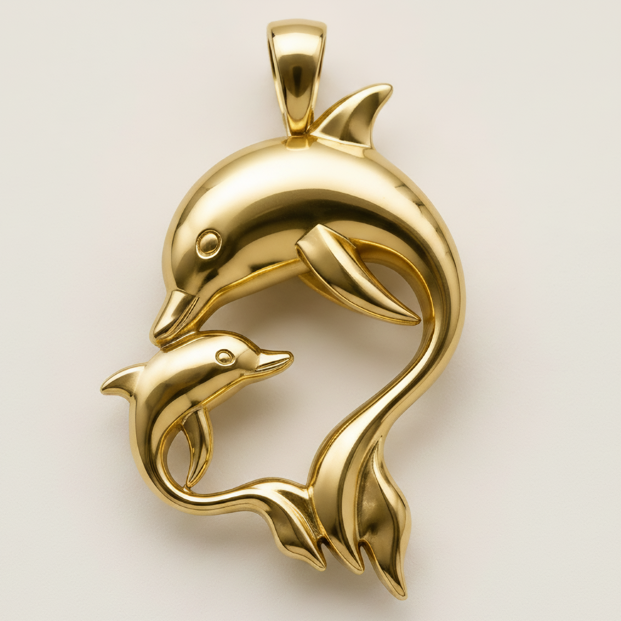 The Dolphin Mother & Baby Pendant Necklace in polished yellow brass by MokshaGoldSculptures, intertwined dolphin design.