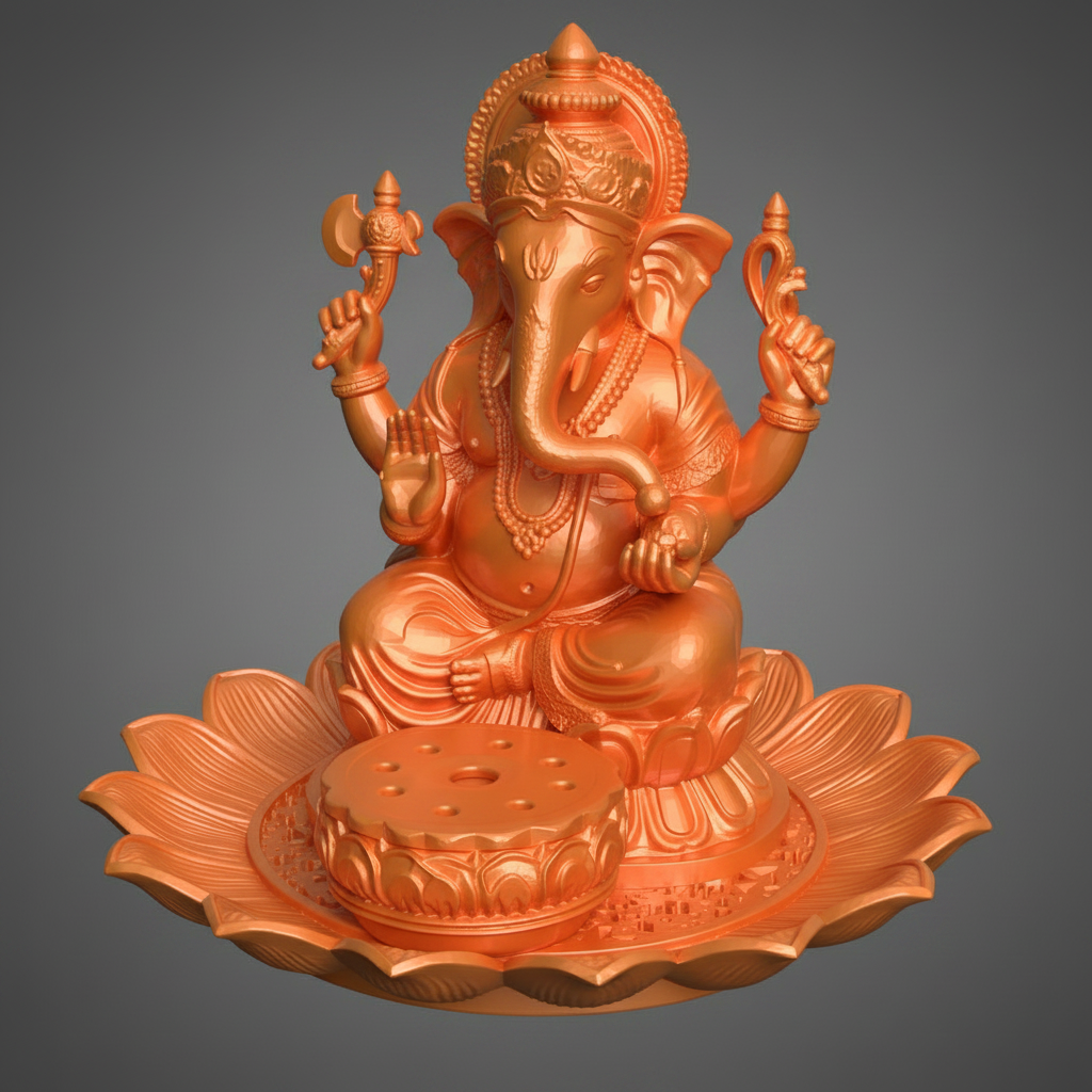 Golden Ganesh Incense Holder with Lotus Base – PLA 3D Printed Spiritual Decor – Meditation Ash Catcher – Hindu Home Temple Gift – Free Shipping