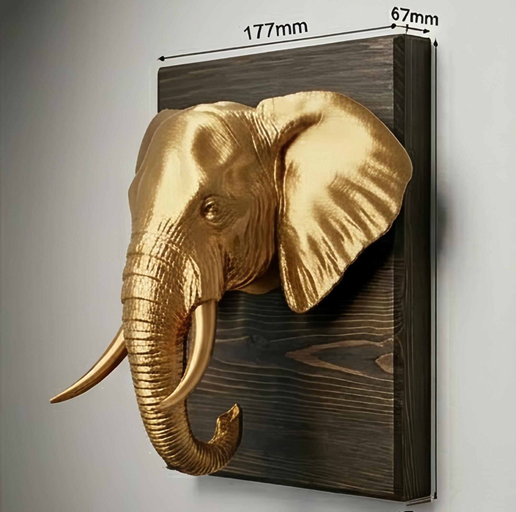 Elephant Wall Mount 3D Print | PLA Gold Sculpture | Wildlife Wall Decor | Large 250mm Statement Piece | Elephant Head Art