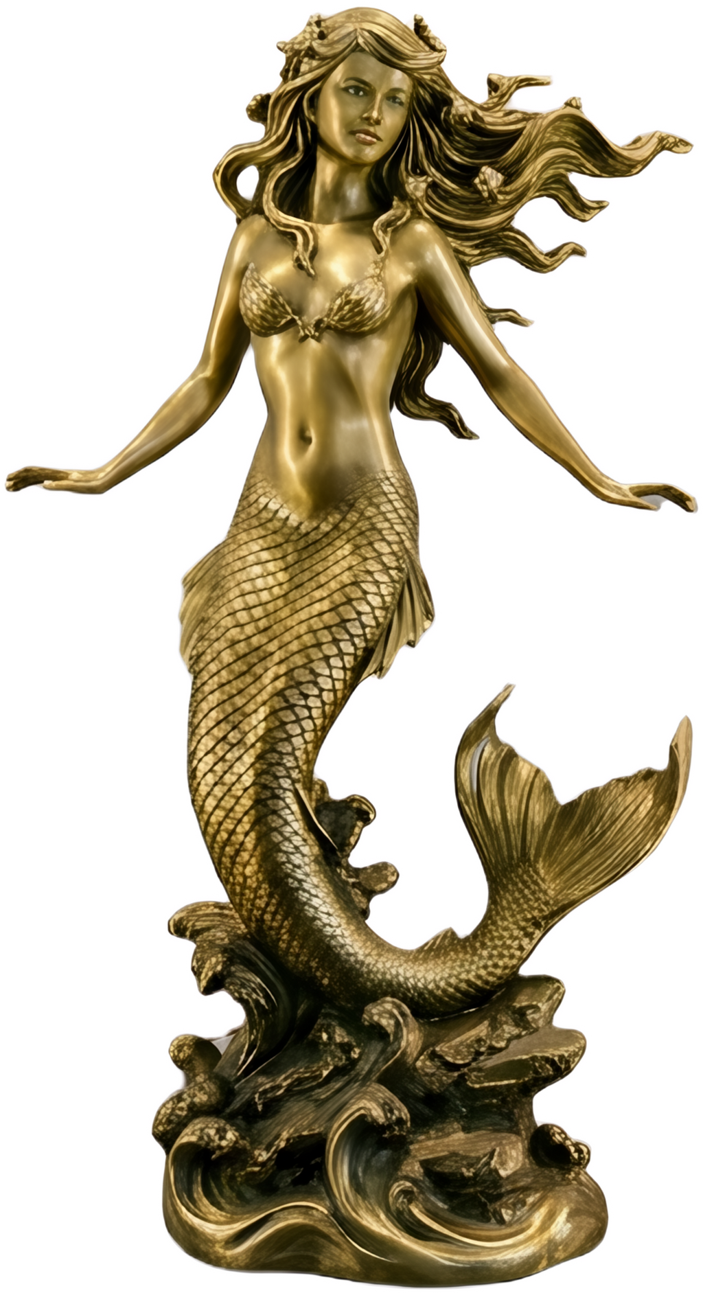 The Golden Mermaid Statue 150mm in gold finish by MokshaGoldSculptures, flowing hair, seashell bra, fish tail on waves.