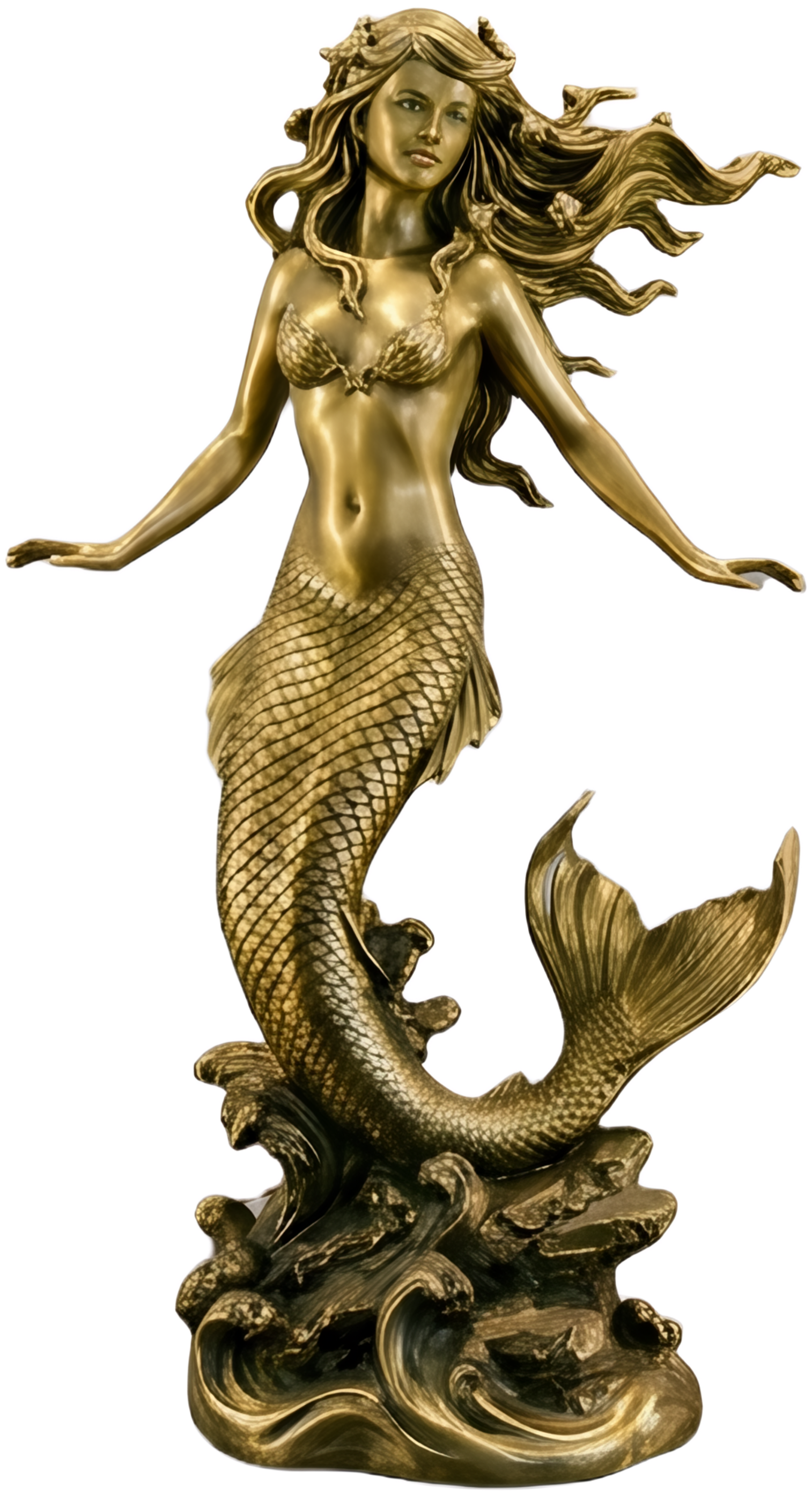 The Golden Mermaid Statue 150mm in gold finish by MokshaGoldSculptures, flowing hair, seashell bra, fish tail on waves.