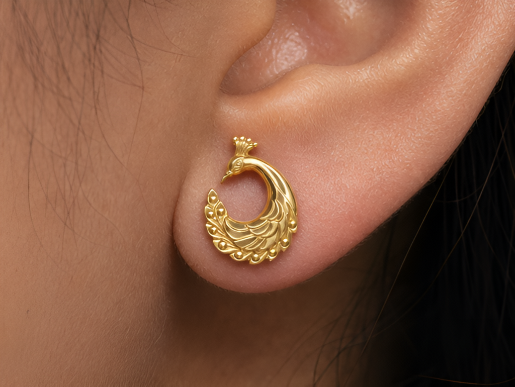 Peacock Stud Earrings – 9K Gold, Sterling Silver 925 or Polished Brass | Elegant Peacock Bird Earrings | Nature Inspired Jewellery | Handmade Gift for Her