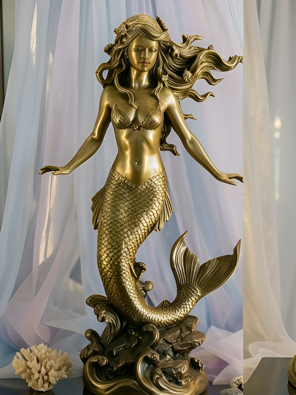 The Golden Mermaid Statue 150mm in gold finish by MokshaGoldSculptures, mermaid with flowing hair and seashell bra.